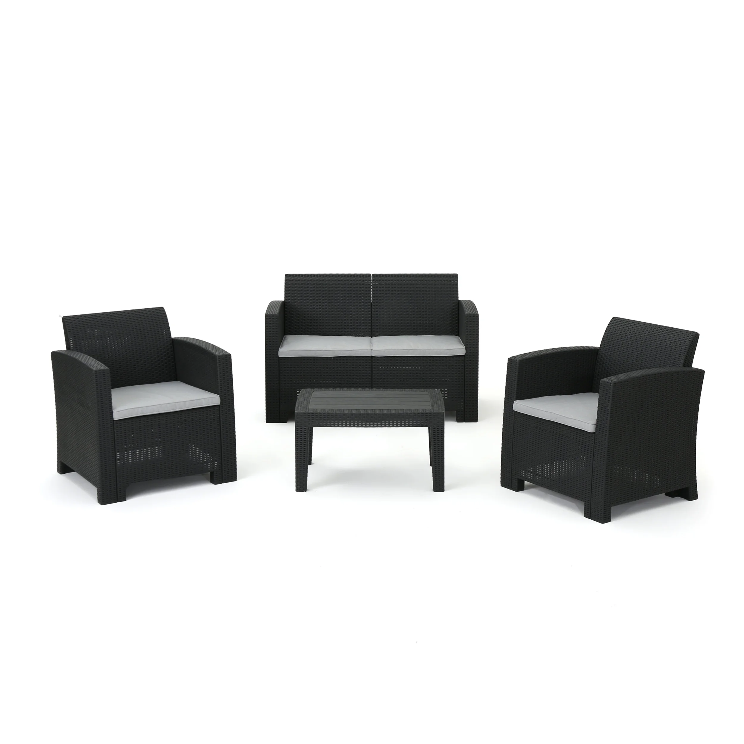 GDF Studio Beihoffer Outdoor Faux Wicker 4 Seater Chat Set with Cushions, Charcoal and Light Gray