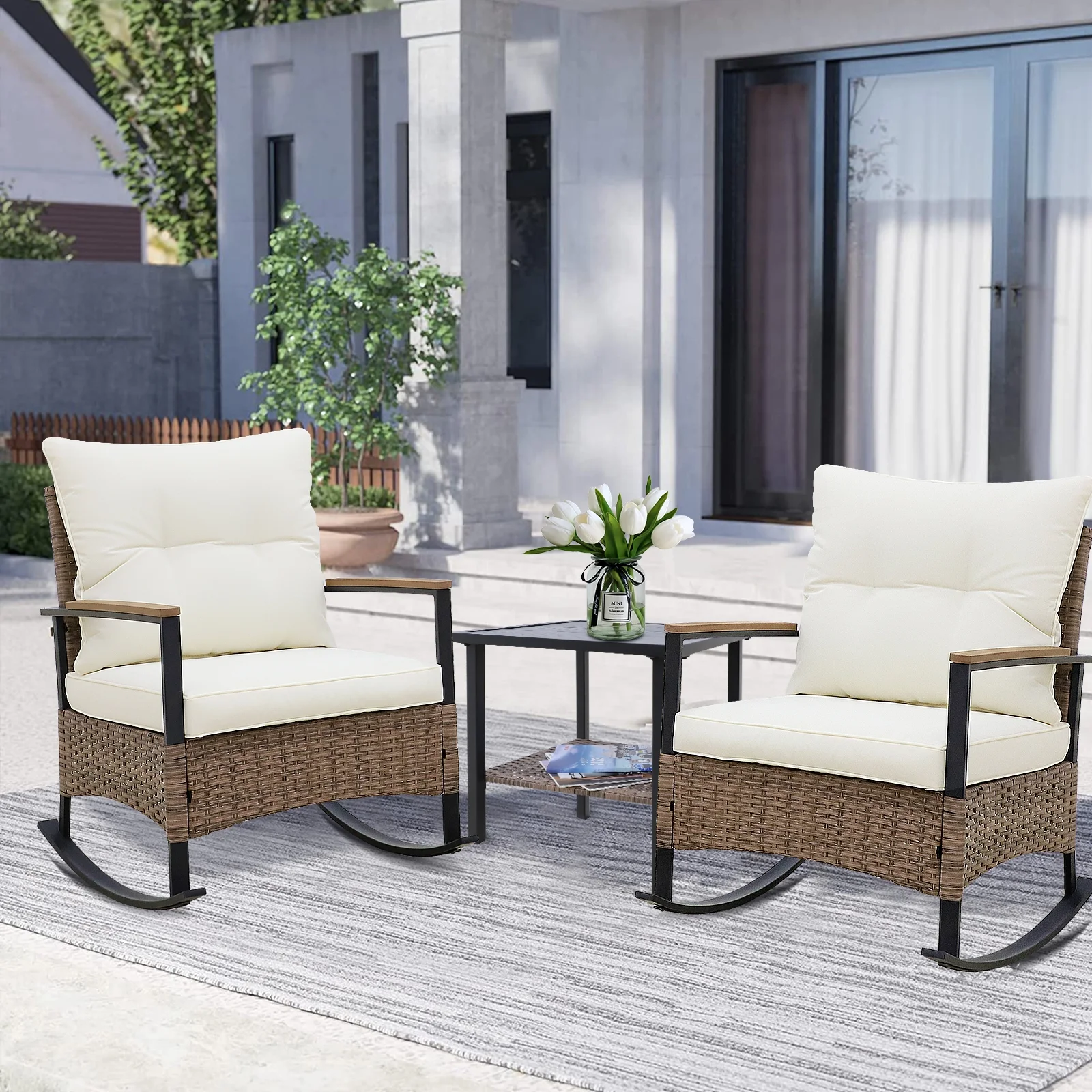 INTER HUT 3 Piece Wicker Patio Furniture Set, Outdoor Rattan Rocking Chair Set with Beige Soft Cushions and Table for Porch, Deck, Terrace