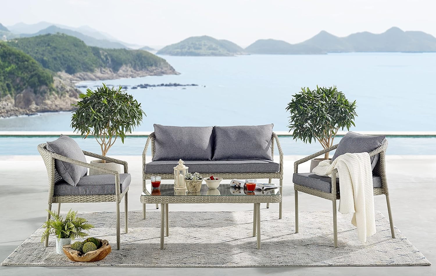 Windham All-Weather Wicker Two-Seat Outdoor Light Gray Bench with Dark Gray Cushions