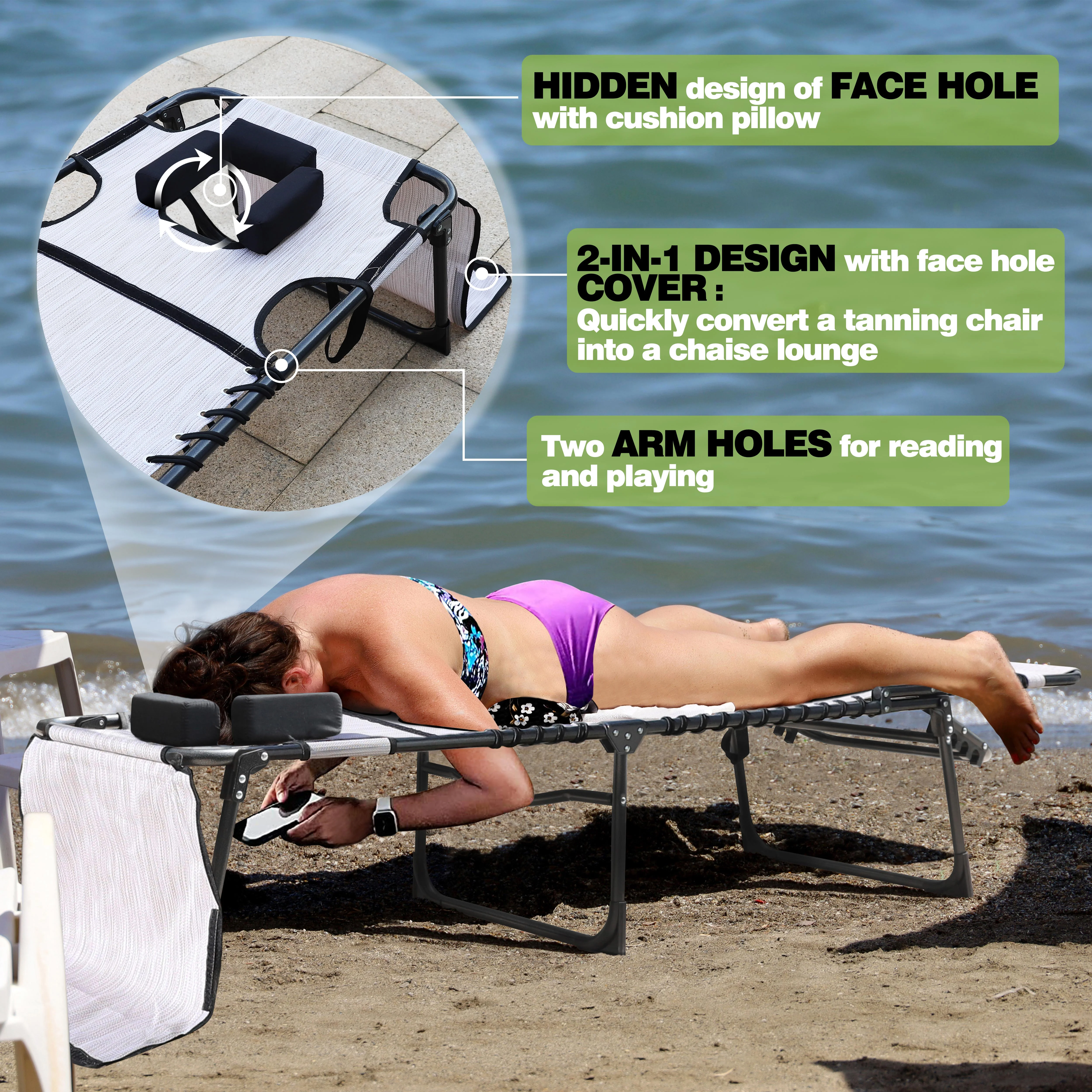 VEIKOUS Tanning Chair, 5-Position Adjustable Sunbath Lounge Chair w/Face & Arm Hole, Pillow & Pocket, Cream White