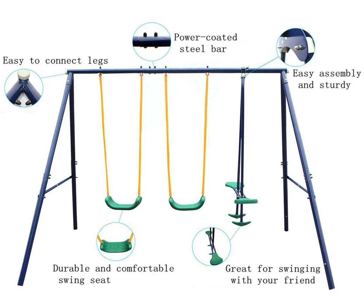 3-in-1 Outdoor Swing Set with Glider, Heavy-Duty A-Frame for Support 400LBS, Metal Backyard Playsets for Kids Toddlers Outdoor with Glider for Kids, Toddlers, Children , Green