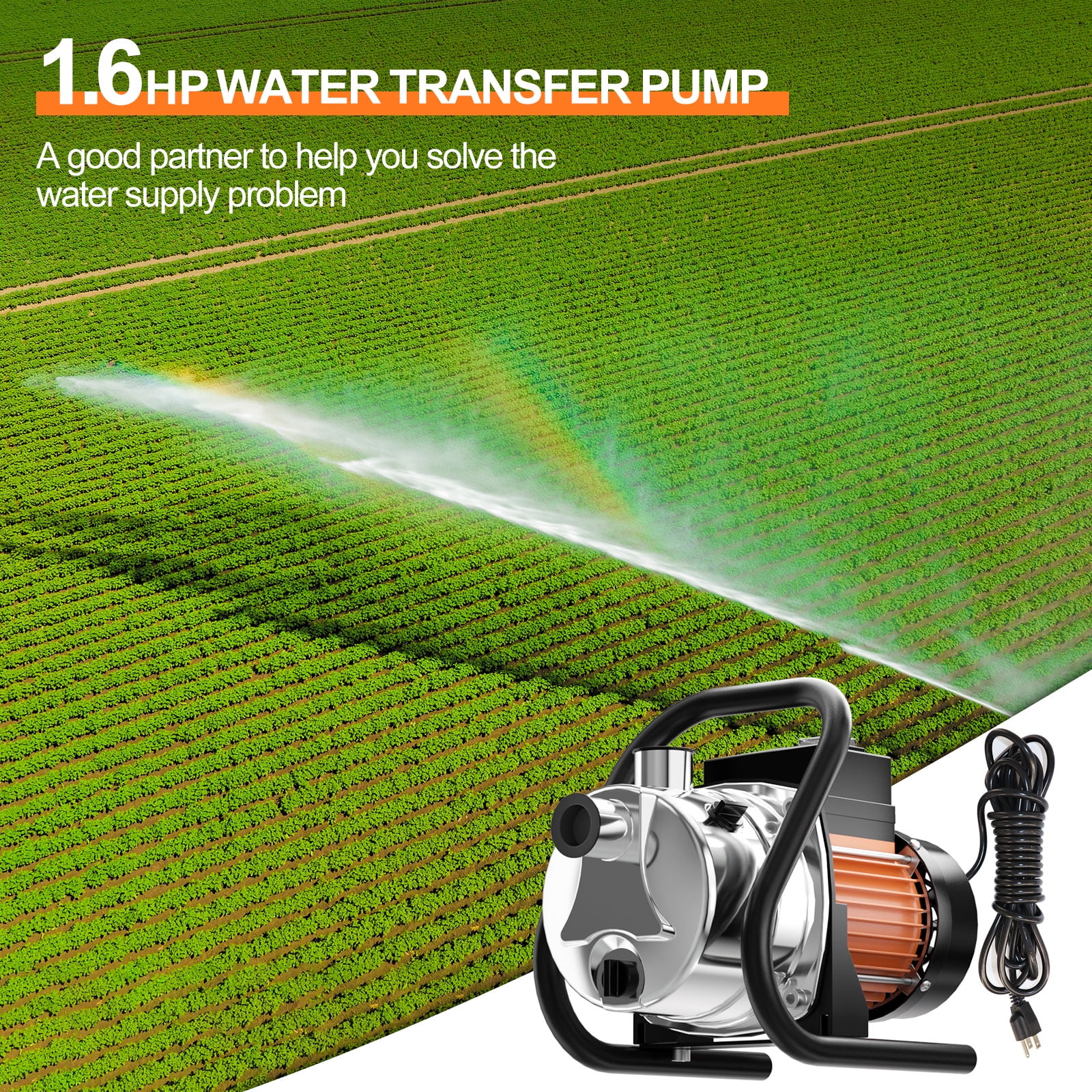 Khloe 1.6HP Water Pump Electric Shallow Well Pump Portable Water Transfer Stainless Steel Pumps with 6 Accessories for Pool Draining Home Garden Lawn Irrigation Farm Water Removal Sprinkler System
