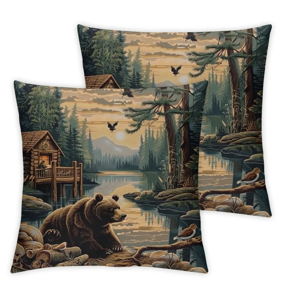Akjvoe Cabin Throw Pillow Cover Vintage Cottage River Bear Wood Forest Brown Velvet Decorative Pack of 2 Kid Zipper Cushion Bedding Soft Living Room Indoor Porch Bed Dorm Home Big Pillow case