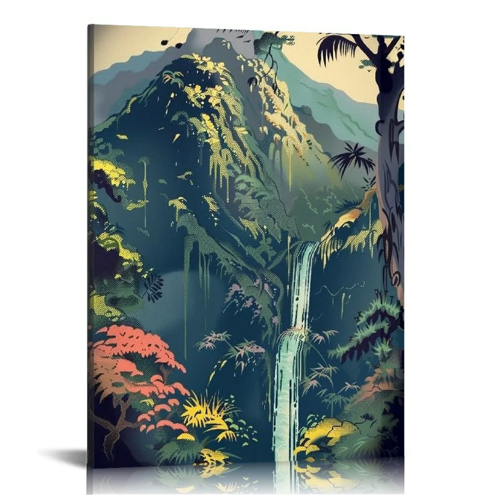 QFMY Canvas Like Wall Art Decor  Painting Like Framed Artwork Mountains Waterfall Scenery Print - Aesthetic Premium Picture Poster for Home Walls Living Room Bedroom Kitchen - Ready to Hang 12x16 in