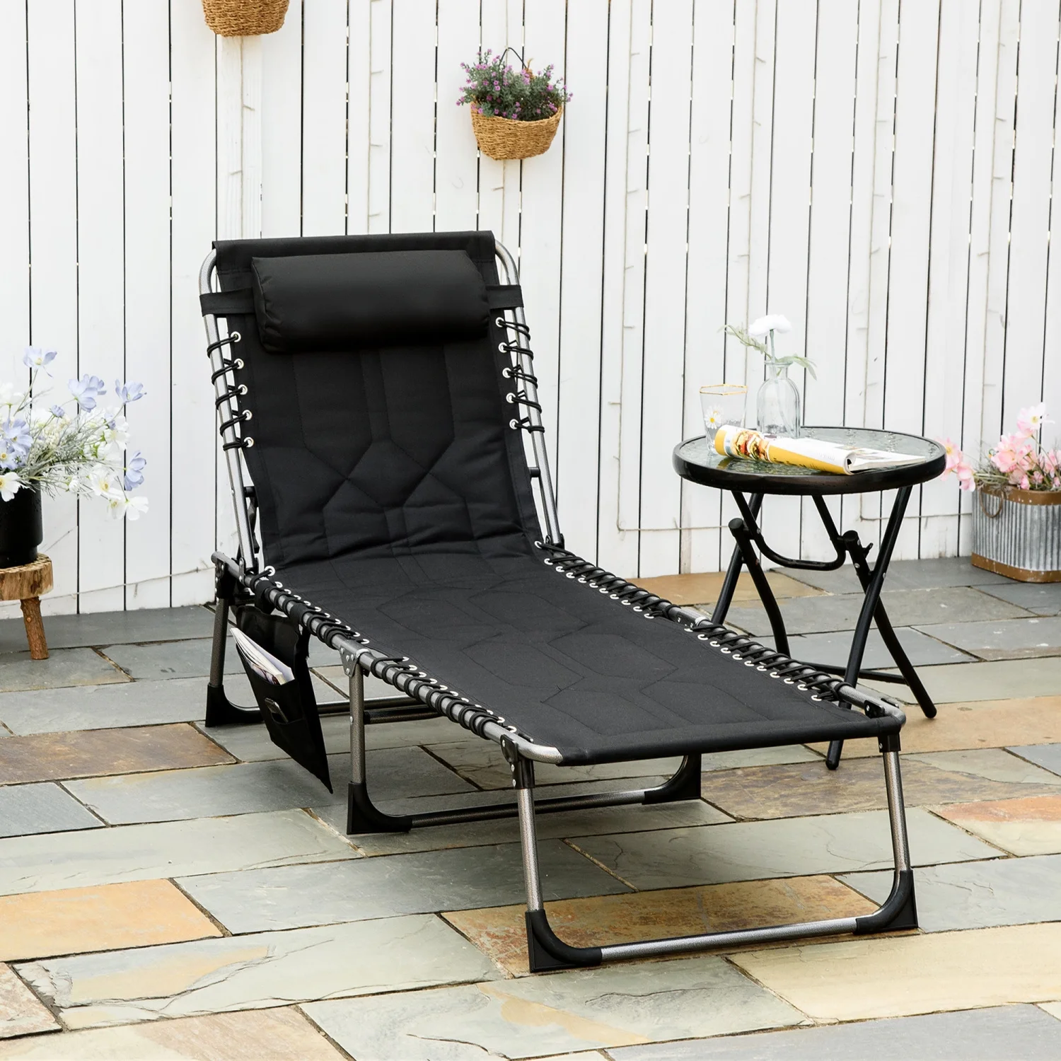 SQEWRED Padded Folding Chaise Lounge Chair  Outdoor 6-Level Reclining Camping Tanning Chair with Headrest for Beach  Yard  Patio  Pool  Black