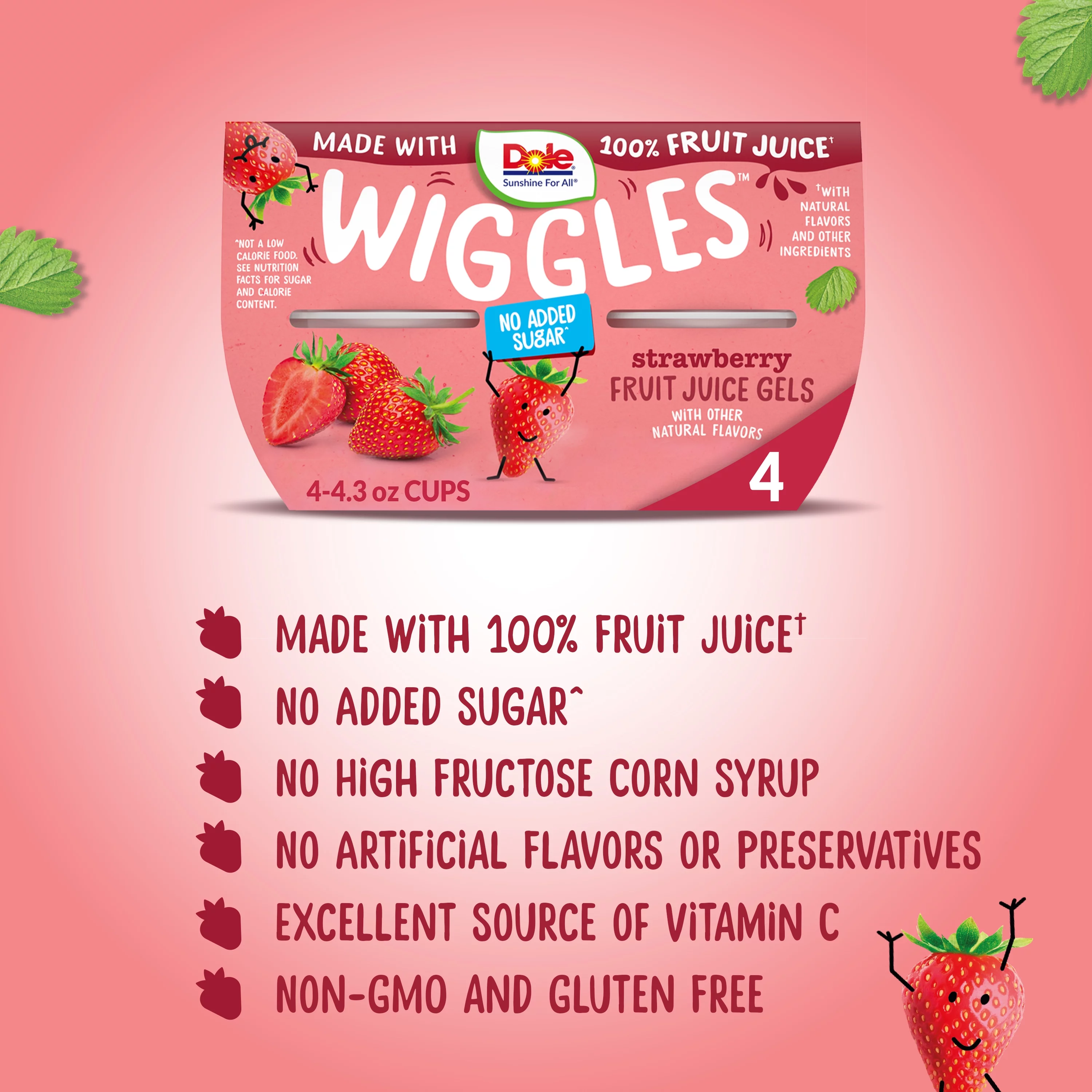 Dole Wiggles Strawberry Fruit Juice Gels, 4.3 oz (4 Cups)