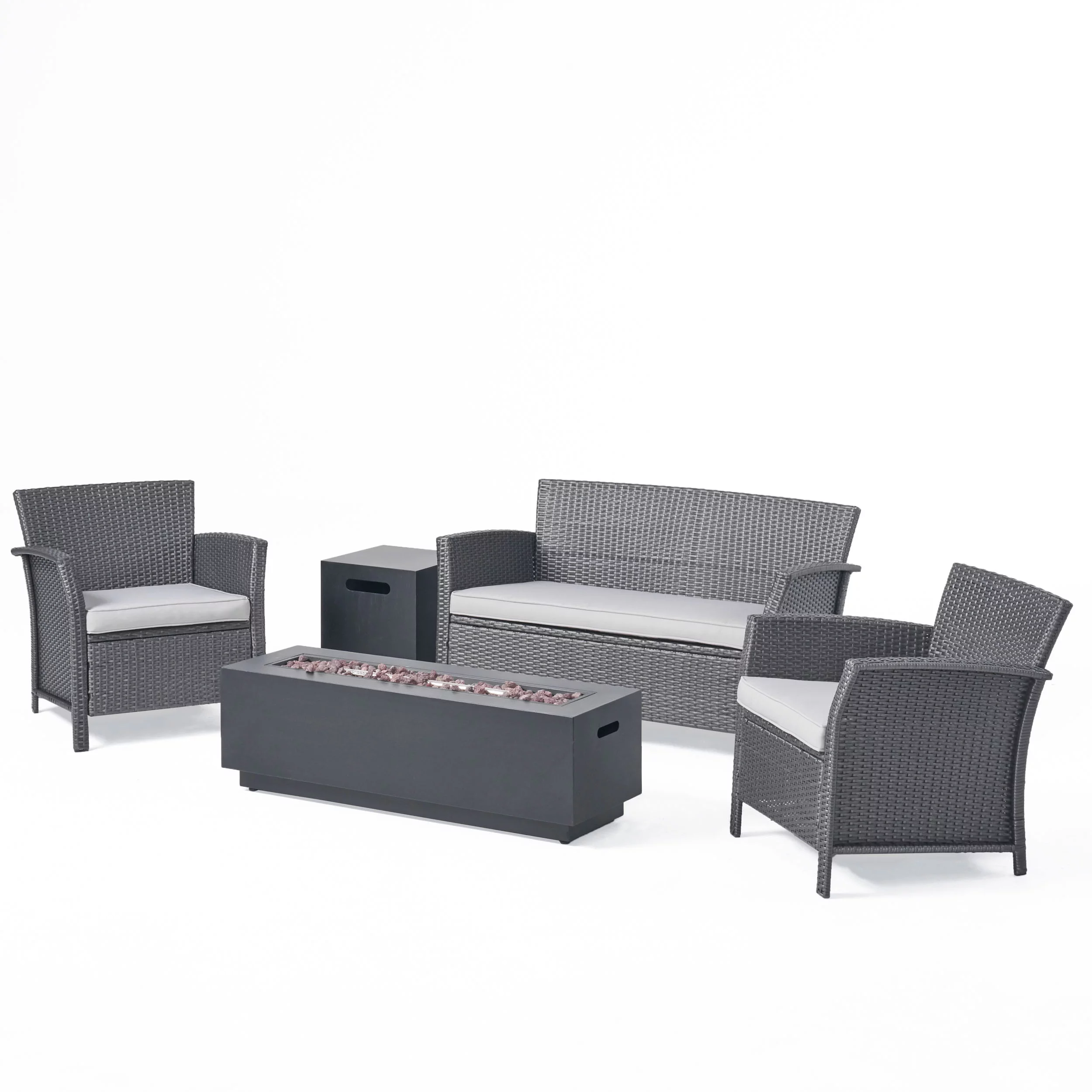 GDF Studio Wimpole Outdoor Wicker 4 Seater Chat Set with Fire Pit, Gray, Light Gray, and Dark Gray