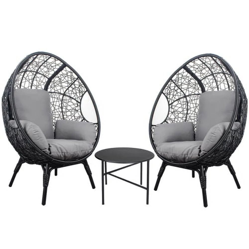 Buumin 3 Pieces Patio Egg Chairs (Model 3) with Side Table Set,Black Color PE Rattan and Grey Cushion
