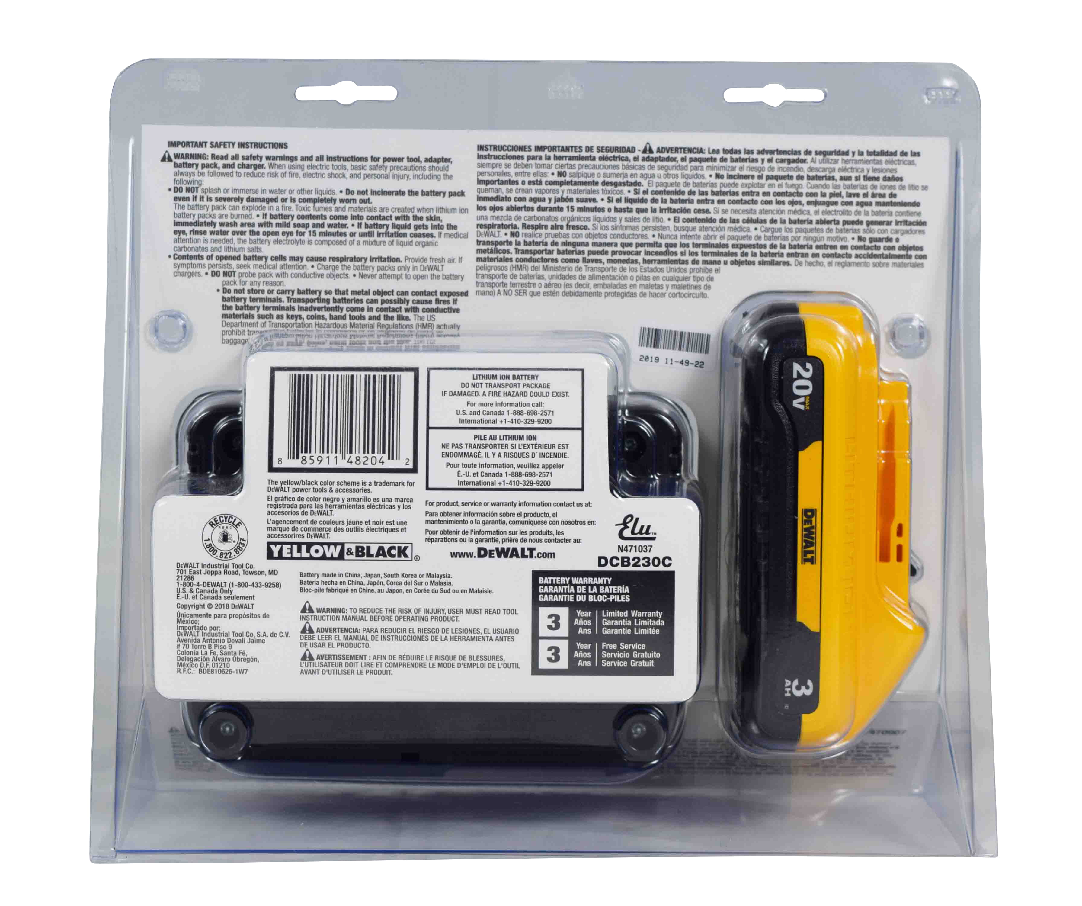 DeWalt DCB230C 20V 3.0Ah Lithium-Ion Battery & Charger Combo Pack