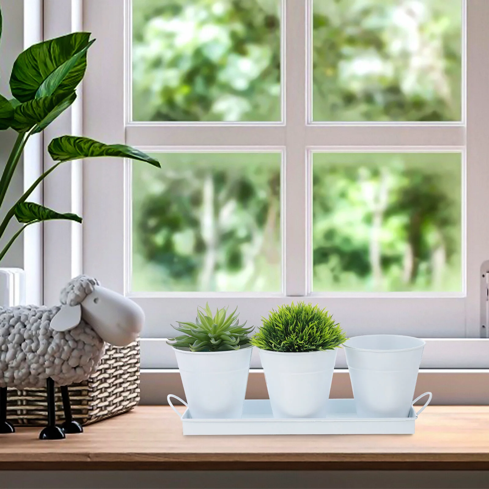 1 Set of Iron Flower Pots Balcony Round Bucket  Flower Holders with Tray