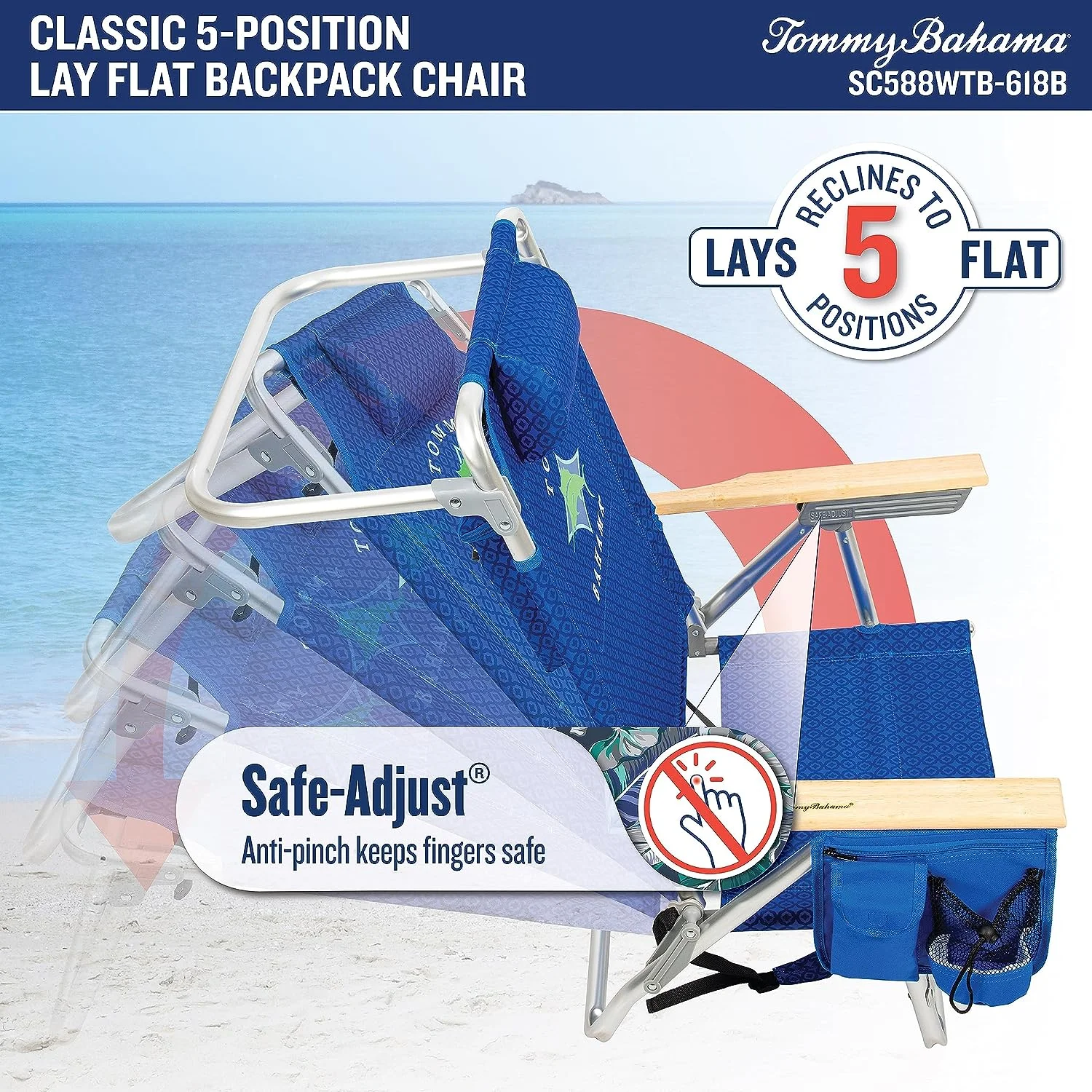 Tommy Bahama 5 Position Backpack Chair, Aluminum, Blue