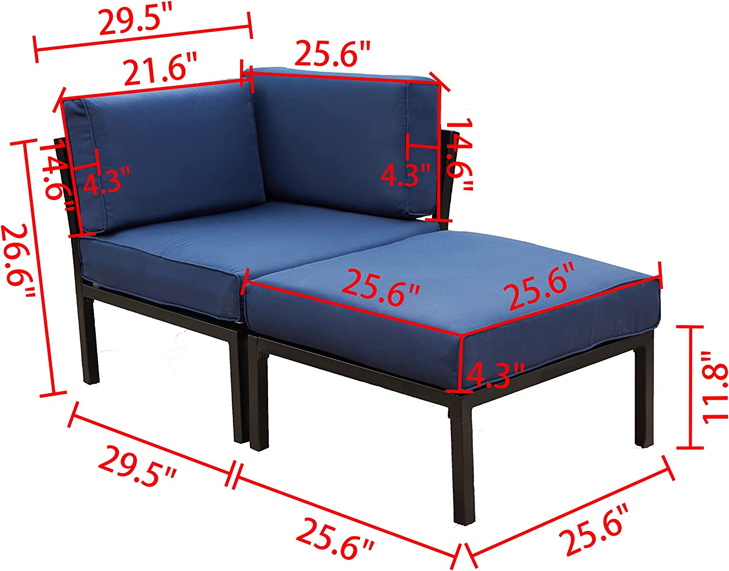 2 Piece Patio Furniture Set Sectional Balcony Corner Outdoor Loveseat Couch Armchiar Sofa with Ottoman Metal Steel Frame, Blue