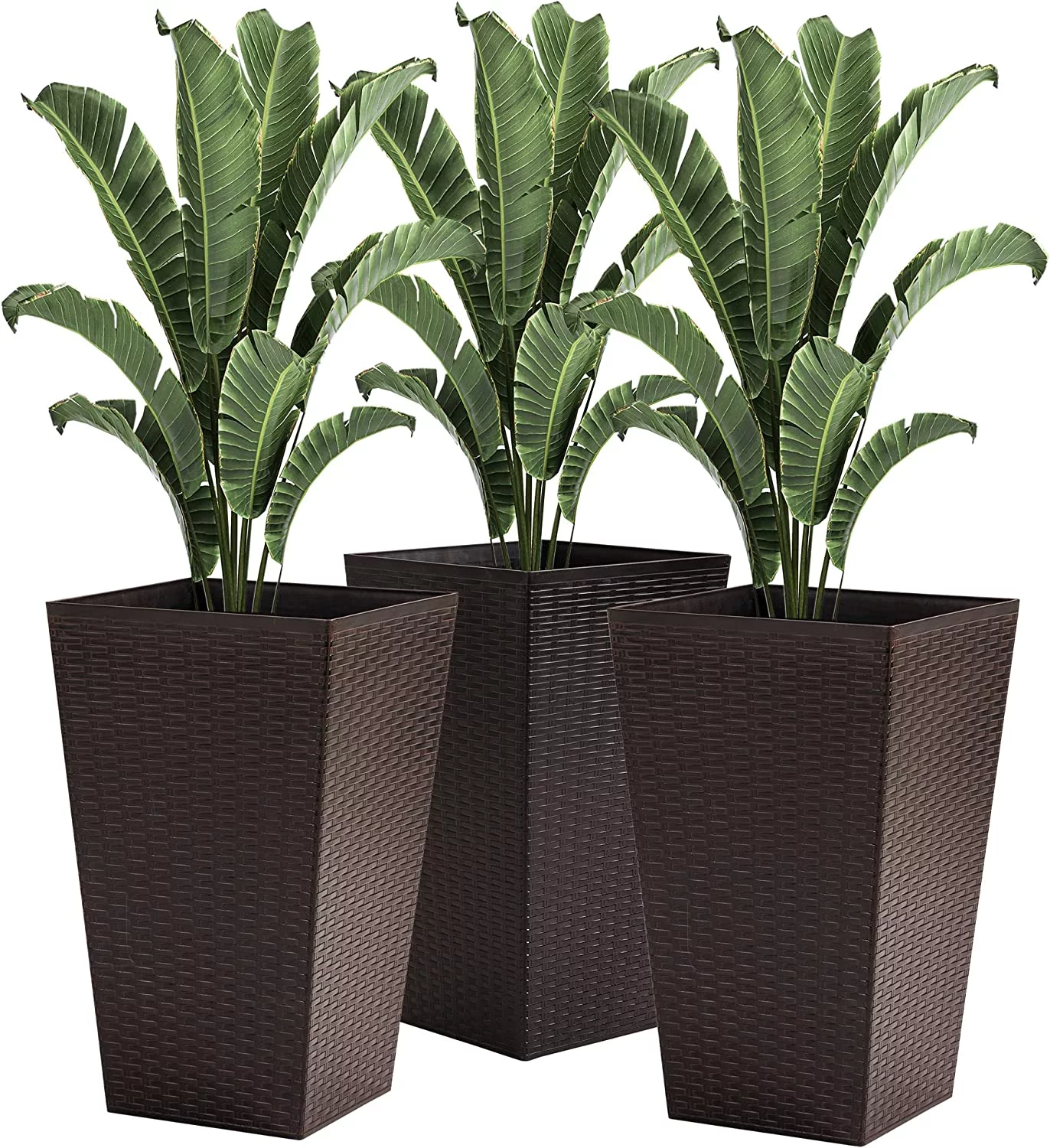 Set of 3 Tall Planters with Drainage Hole, Outdoor Flower Plant Pots, Indoor Planters for Porch, Front Door, Entryway, Patio and Deck, Brown