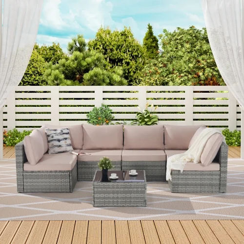 Buumin Outdoor Rattan 7 Pieces Furniture Sofa And Table Set