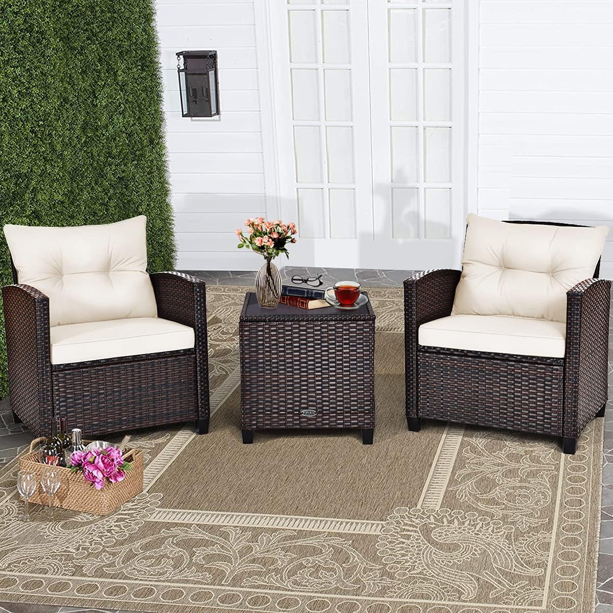 3 Piece Patio Furniture Set, Wicker Bistro Conversation Set W/ 2 Cushioned Armchairs & Glass Topped Table, Outdoor Rattan Sofa Set Patio Furniture For Porch Balcony Poolside (White)