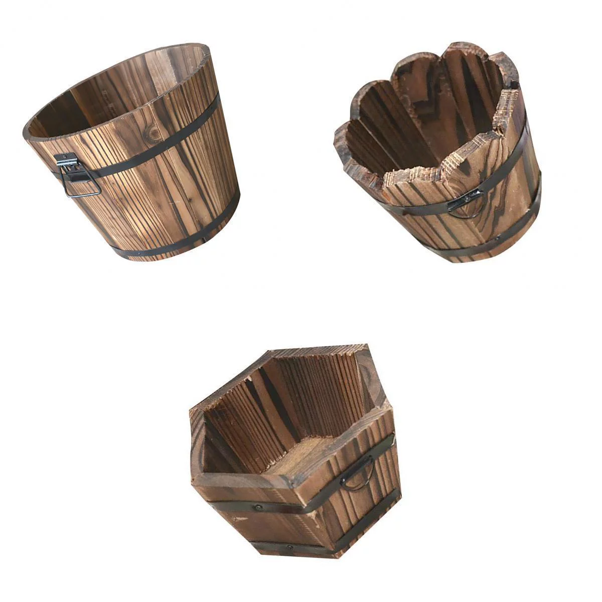 3Pcs/Set Rustic Wood Barrel Succulent Plants Flower Pot Garden Patio Decoration