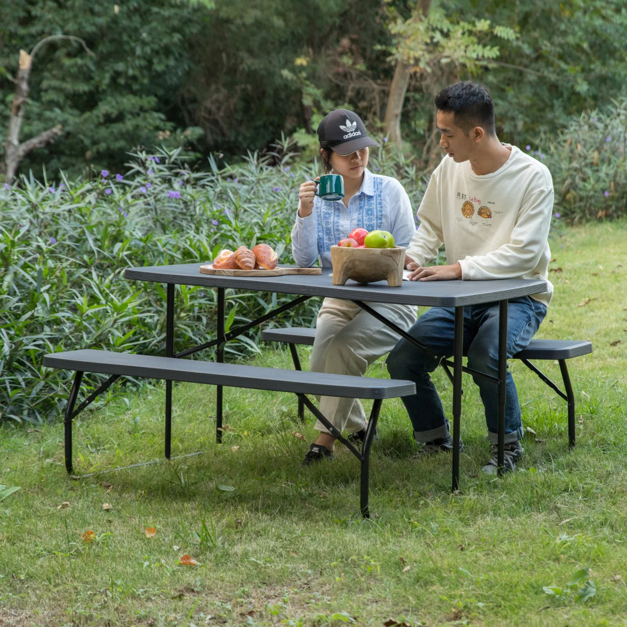 Gray Outdoor Foldable Woodgrain Portable Picnic Table Set
