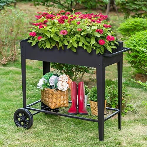 Raised Planter Box with Legs Raised Garden Bed Outdoor Elevated Garden Bed on Wheels for Vegetables Flower Herb, Black