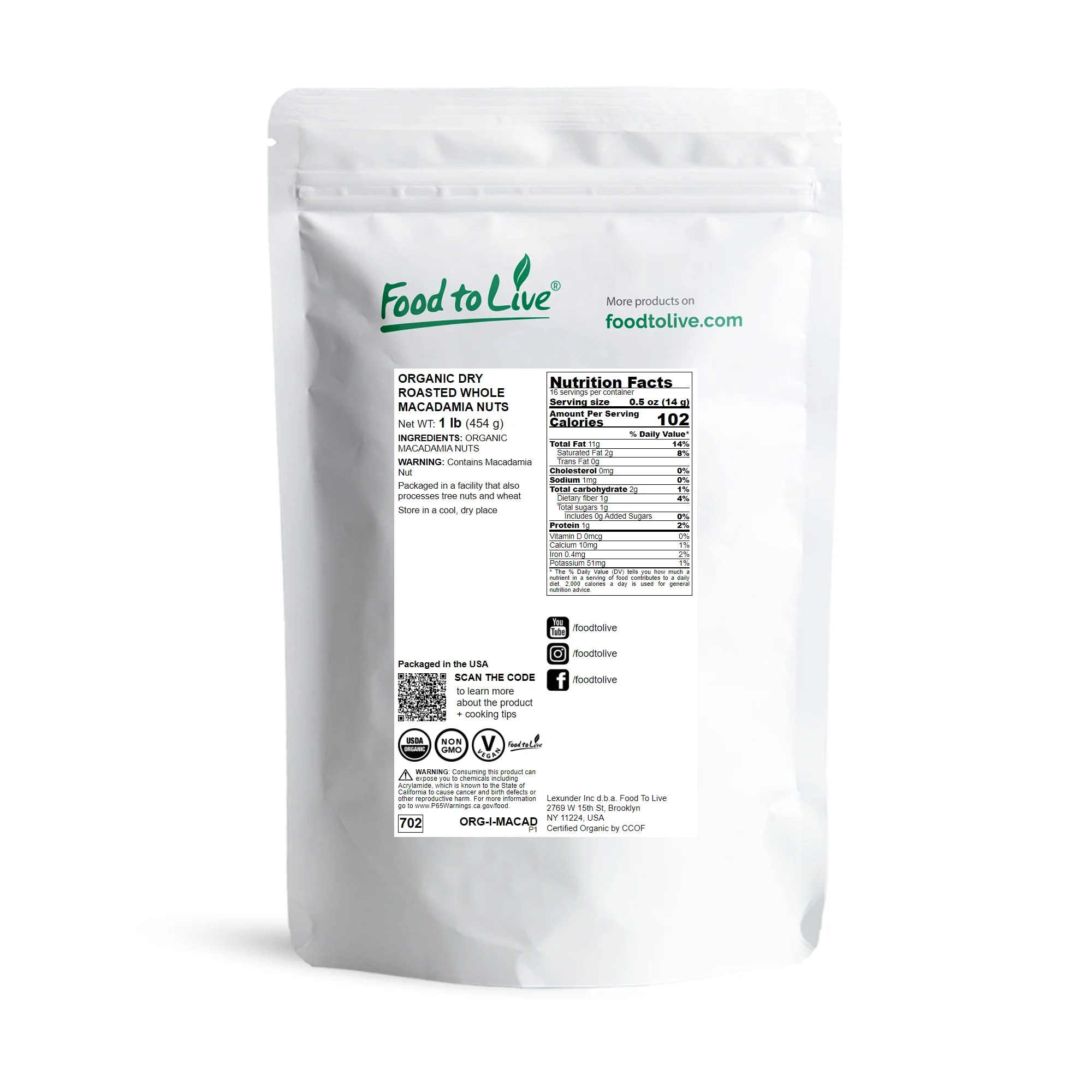 Organic Dry Roasted Whole Macadamia Nuts, 1 Pound – Unsalted, Delicious and Nutritious Snack Made from Premium Non-GMO Nuts, Perfect for Keto and Paleo Diet. Rich Butter Flavor. Kosher, Vegan.