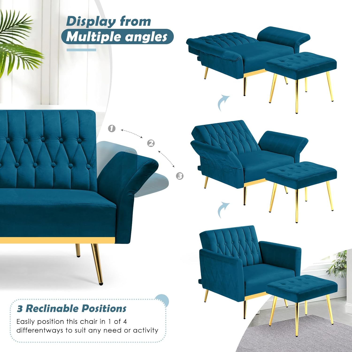 HBROLJF Velvet  Chair with Adjustable Backrest and Armrests  Single  Armchair with Ottoman and Golden Mental Legs  Room  Bedroom and Waiting Room  Teal