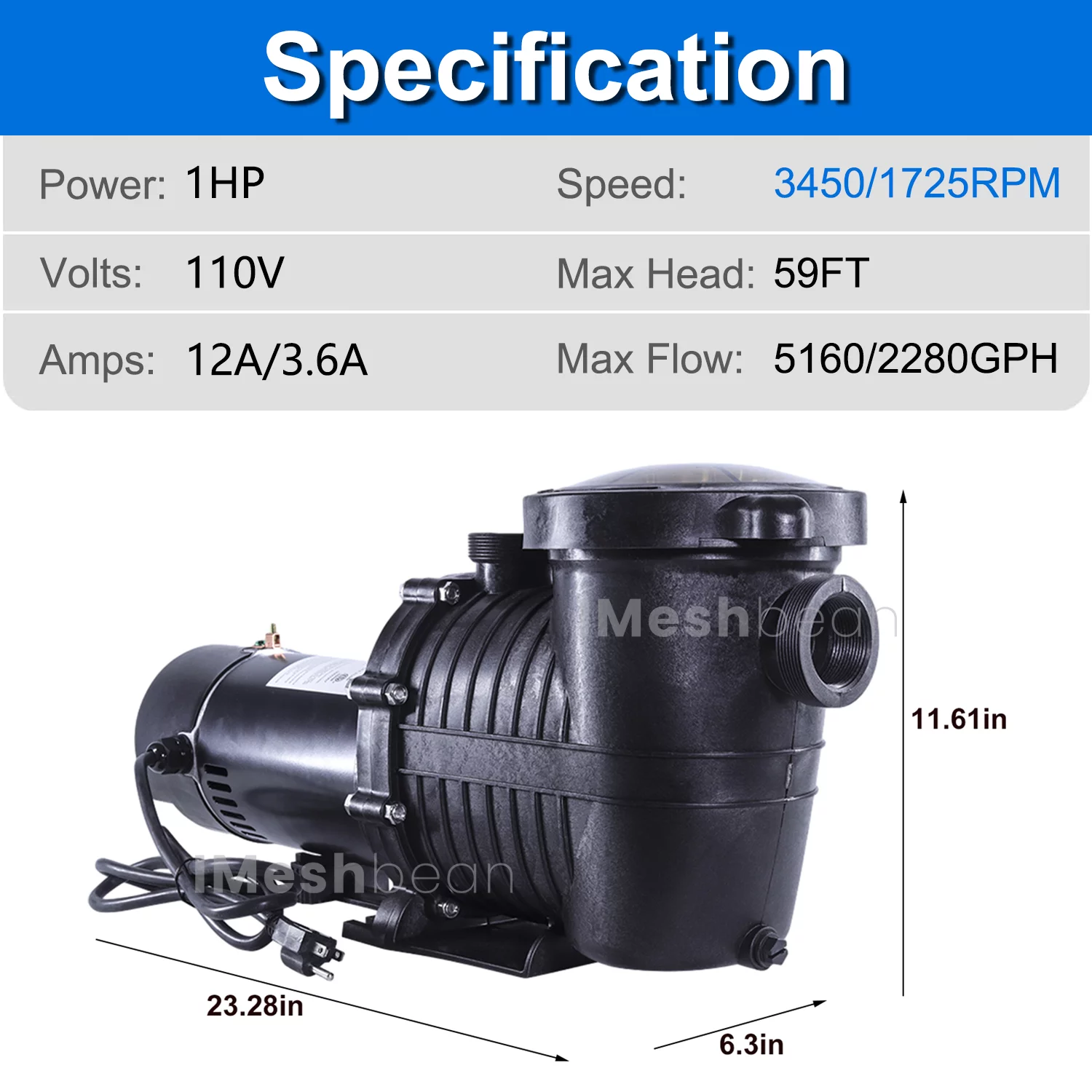 iMeshbean Swimming Pool Pump, 1HP 110V Head Max 59FT, Double Speed Pump Above Ground Pool Pump In-ground Pool Pump, 5160GPH/2280GPH Flow Rate, w/ Strainer Basket