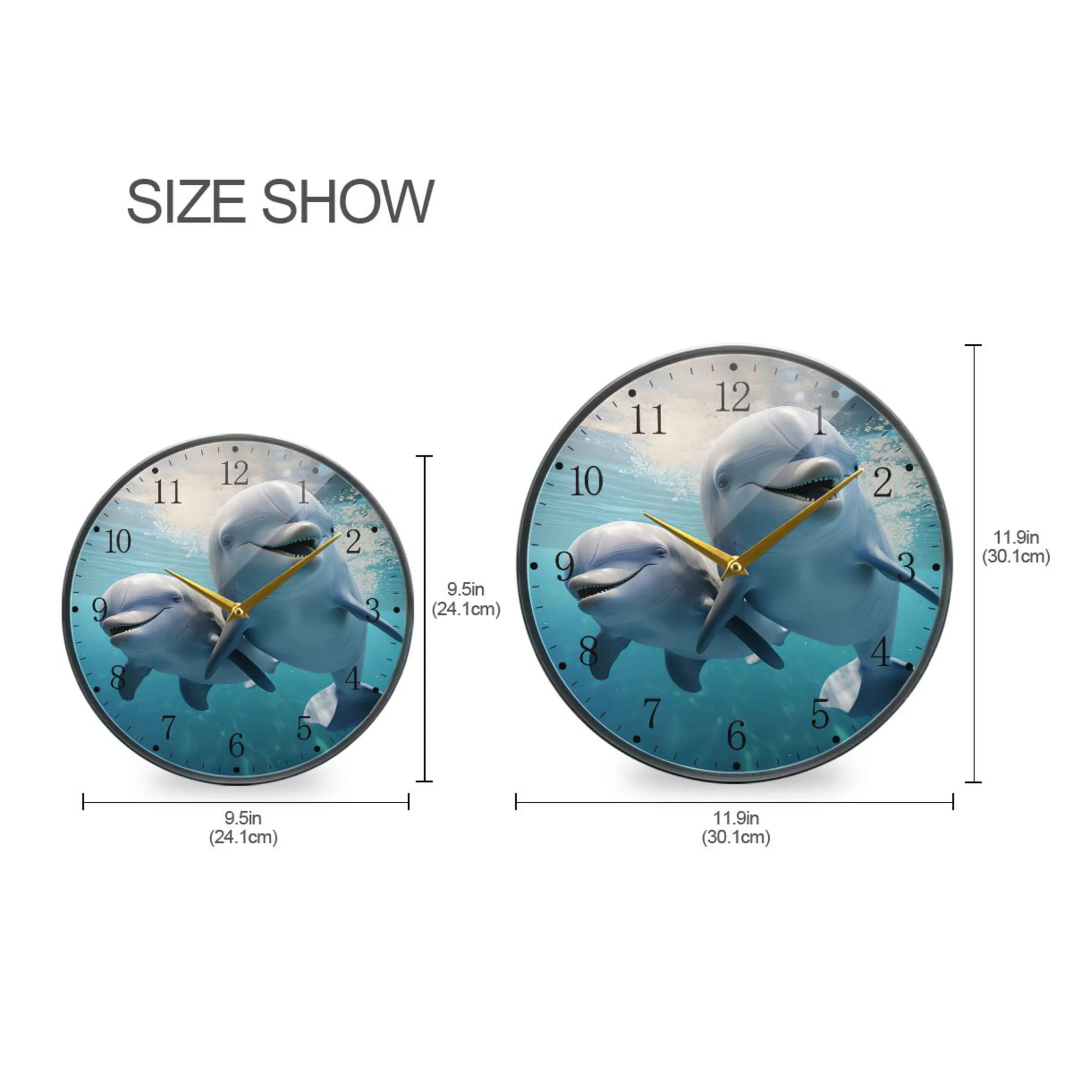 Dolphins under Water Acrylic Wall Clocks Quiet Round Clock Battery Operated Non-Ticking Clock for Bedroom Kitchen Office Decorative 11.9 Inch