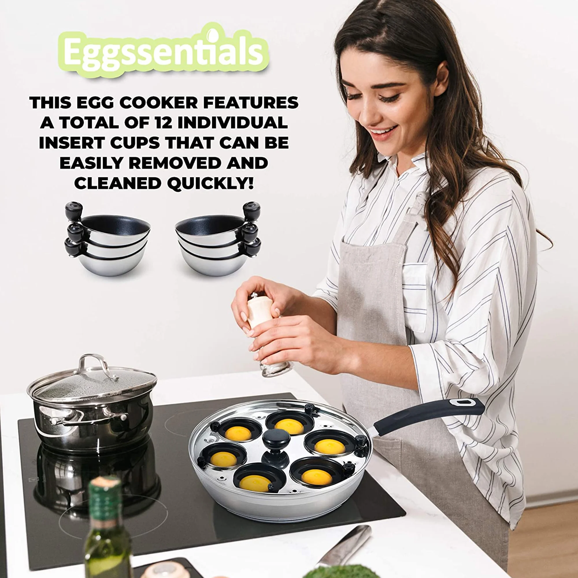 Eggssentials Stainless Steel Egg Poacher Pan Non Stick Poached Egg Cooker with Spatula and 6 Extra Cups
