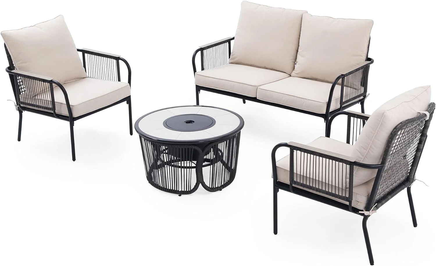 Dina 4-Piece Patio Furniture Set with Fire Pit  Patio Conversation Sets with 5 Inch Thick Cushions  No Screws Quick Installation Outdoor Patio Set  Wooden Armrest and Fire Pit