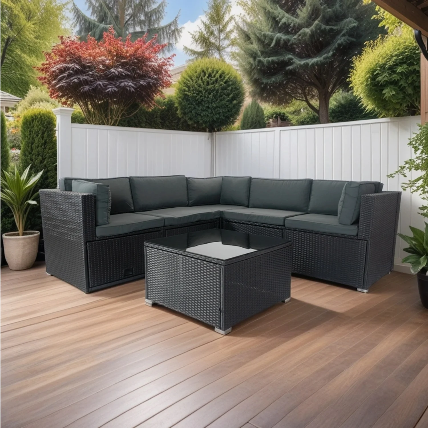 Stylish Black Wicker 6-Piece Outdoor Furniture Set with Cushioned Sofa and 3 Storage Compartments Under Seat - PE Rattan Sectional in Elegant Dark Grey with Included Cushions - Perfect fo