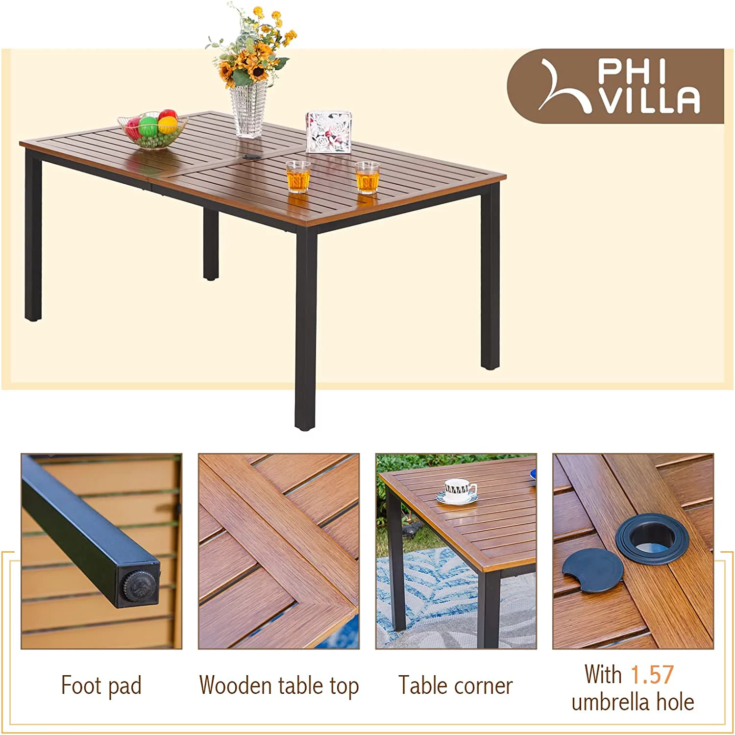 VILLA 7 PCS Outdoor Dining Table and Chairs 6 Spring Chairs with Higher Back and Wood-Like Table Top Dining Table Waterproof Rustproof for Garden  Yard