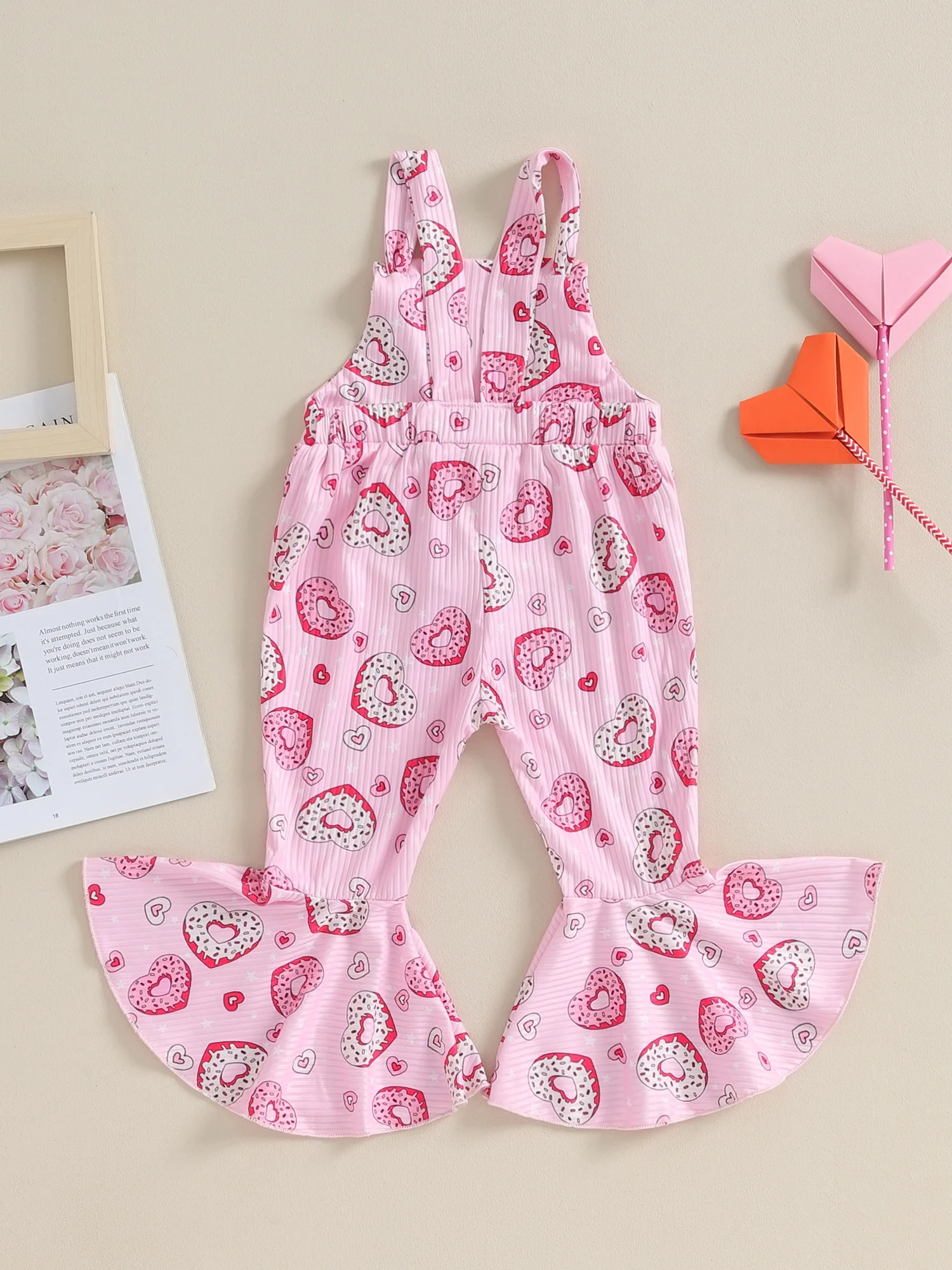 Baby Girl Overalls Valentine's Day Donut Print Sleeveless Flared Romper Jumpsuit Bell Bottoms Outfit