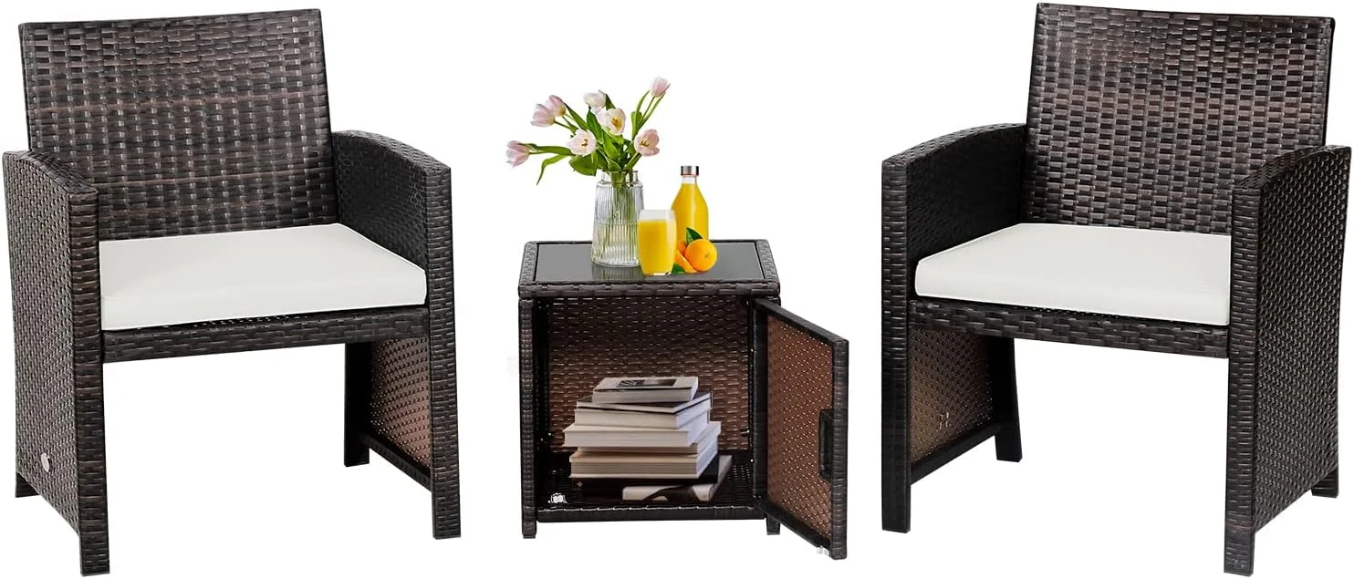 Dina 3 Pieces Outdoor Wicker Conversation Set with Waterproof Cover  2 Patio PE Rattan Cushioned Chairs with Side Storage Table  Suitable for Front Porch  Balcony  Garden  Poolside and Ya