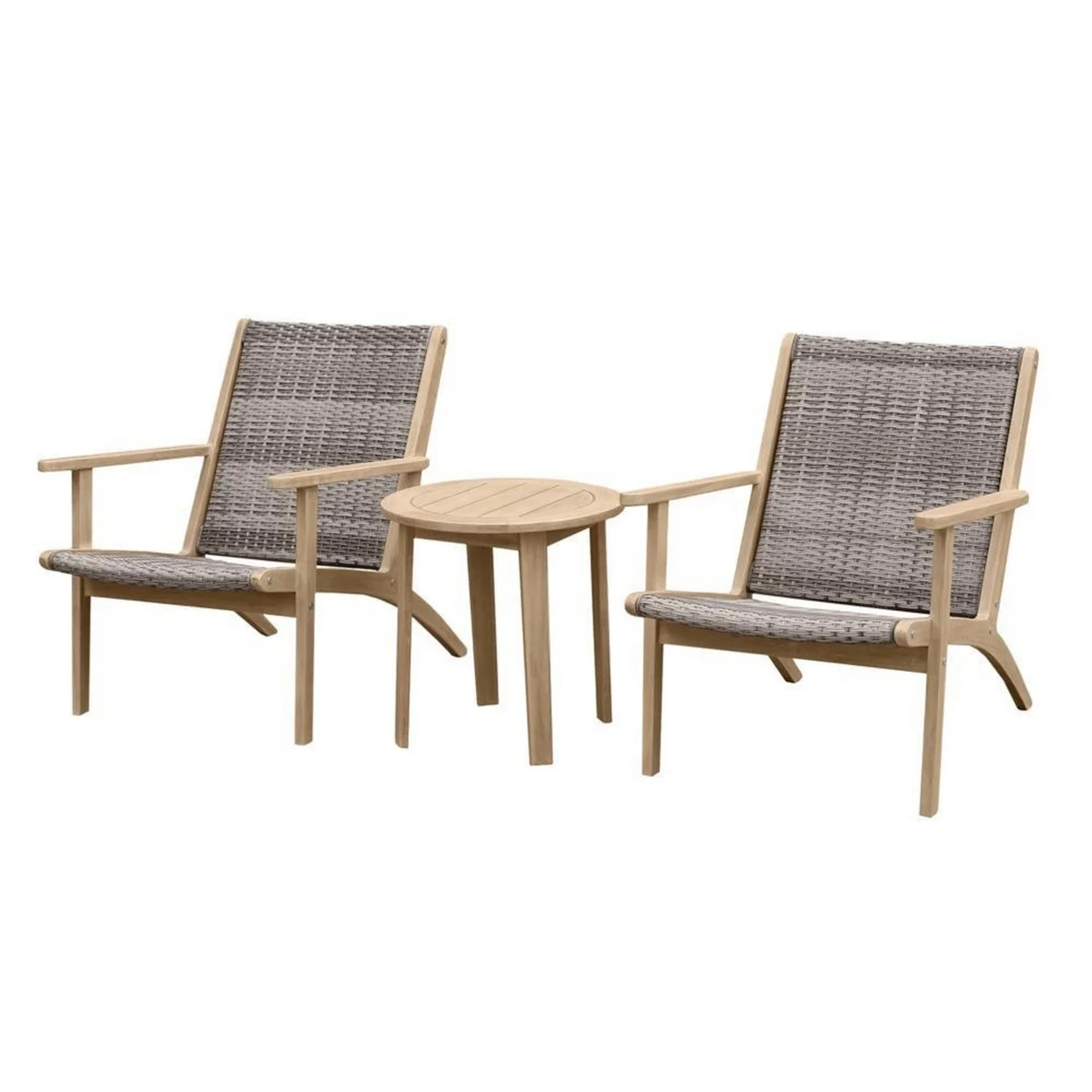 3 Piece Outdoor Set 2 Chairs and End Table, Gray Woven Wicker, Brown Acacia- Saltoro Sherpi