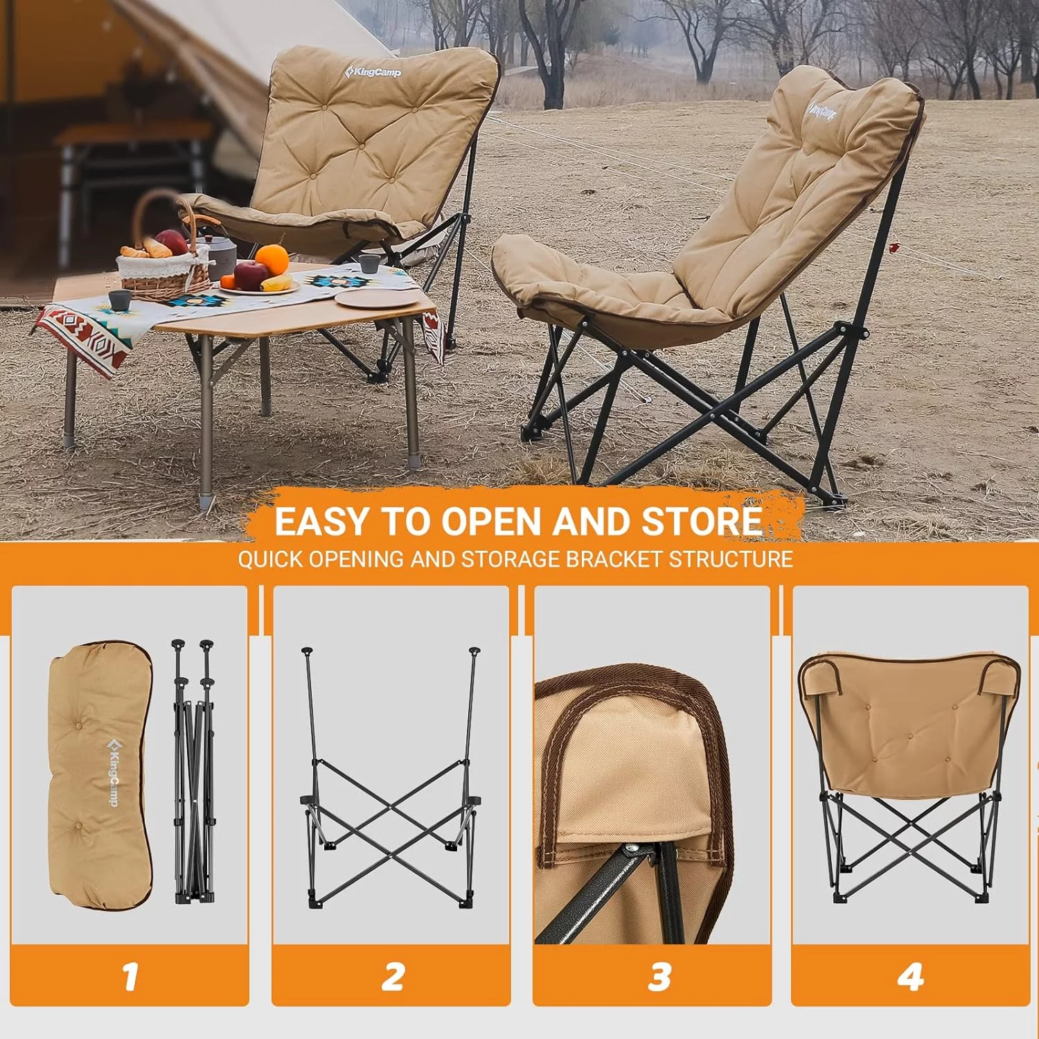 KingCamp Folding Camping Chair Oversized Butterfly Dorm Chair Padded Highback Chair for Indoor  Outdoor Adult Support 300lbs Khaki