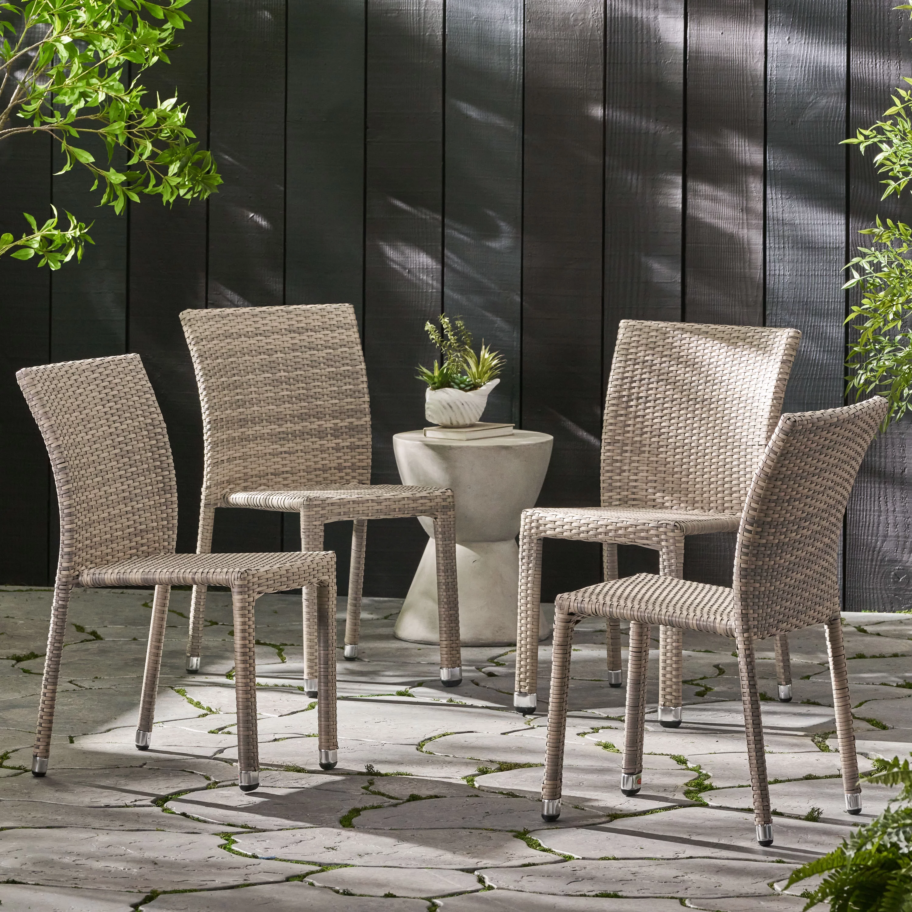 GDF Studio Haddan Outdoor Wicker Armless Stacking Dining Chairs, Set of 4, Chateau Gray