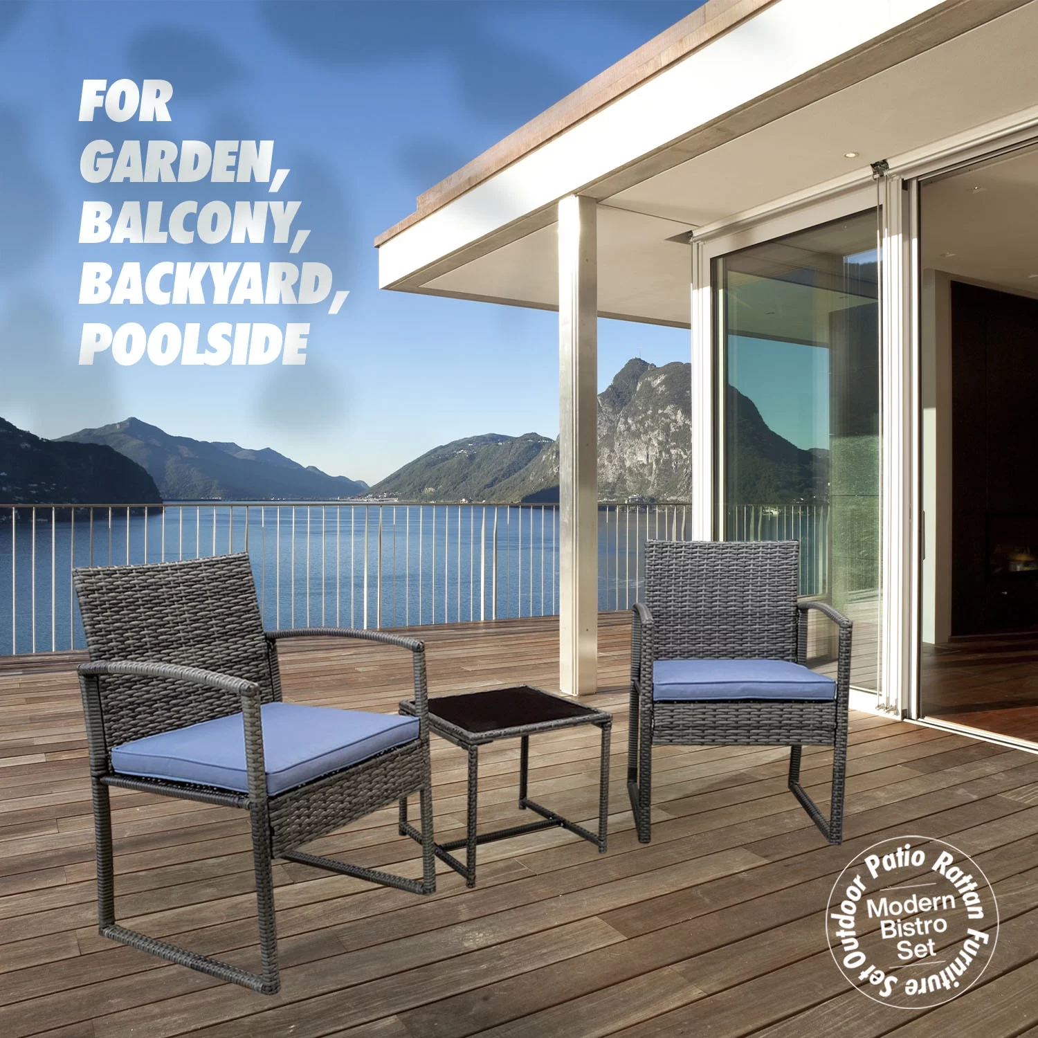 Ozy 3-Piece Rattan Stylish Sturdy Furniture Set -2 Elegant Chairs With Solid Glass Coffee Table - Gray