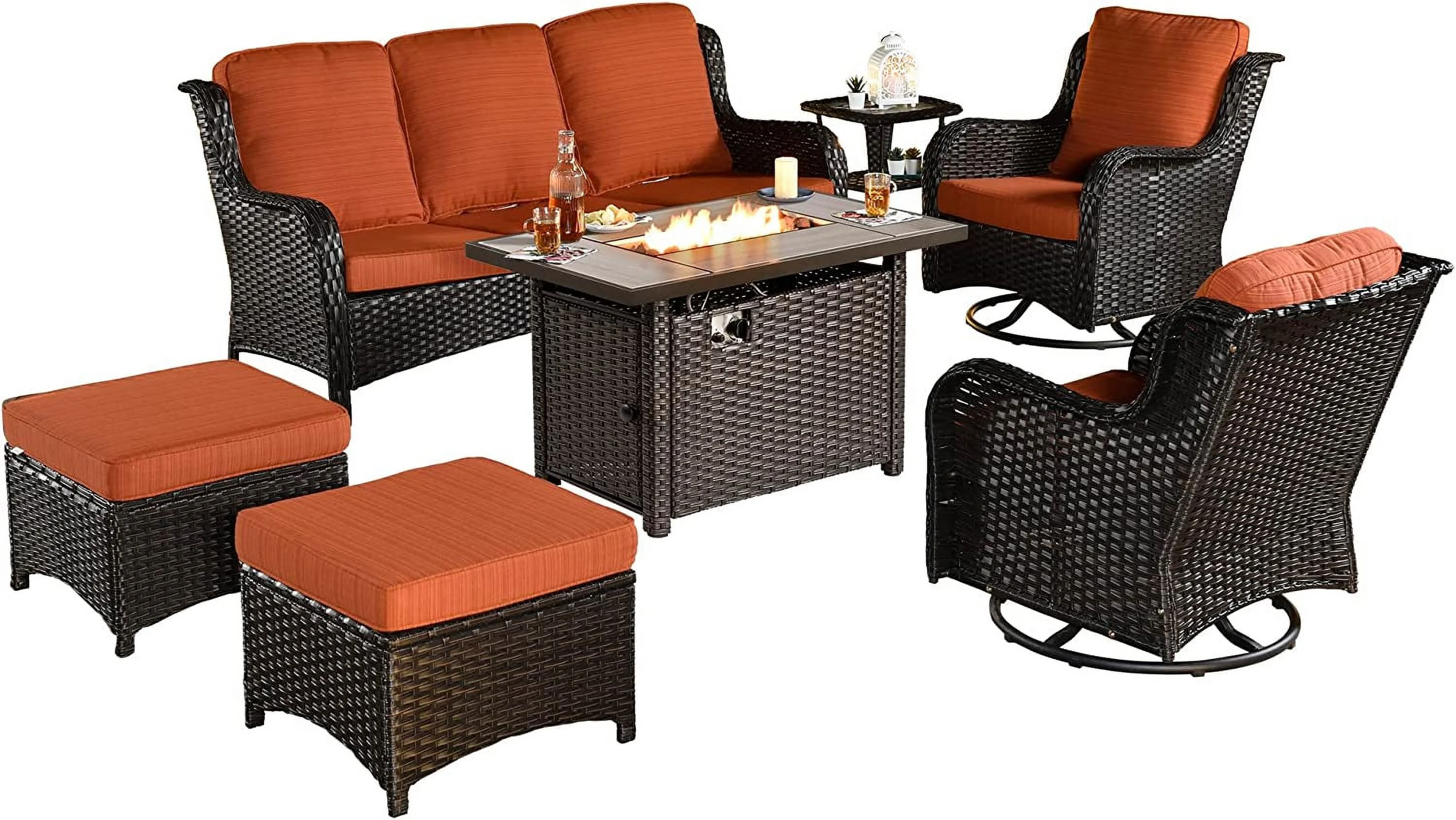 XIZZI  Outdoor Swivel Rocking Chairs with 50 000 BTU Propane Fire Pit Table 7 Pieces All Weather PE Wicker Patio Conversation Sofa and Matching Side Table Brown Rattan Orange Red