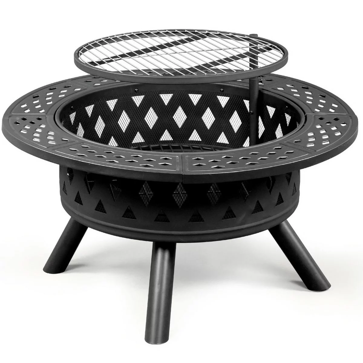 38in round with baking tray, wood-burning brazier, wrought iron, black 38in Metal Fire Pit with Cooking Grates Black