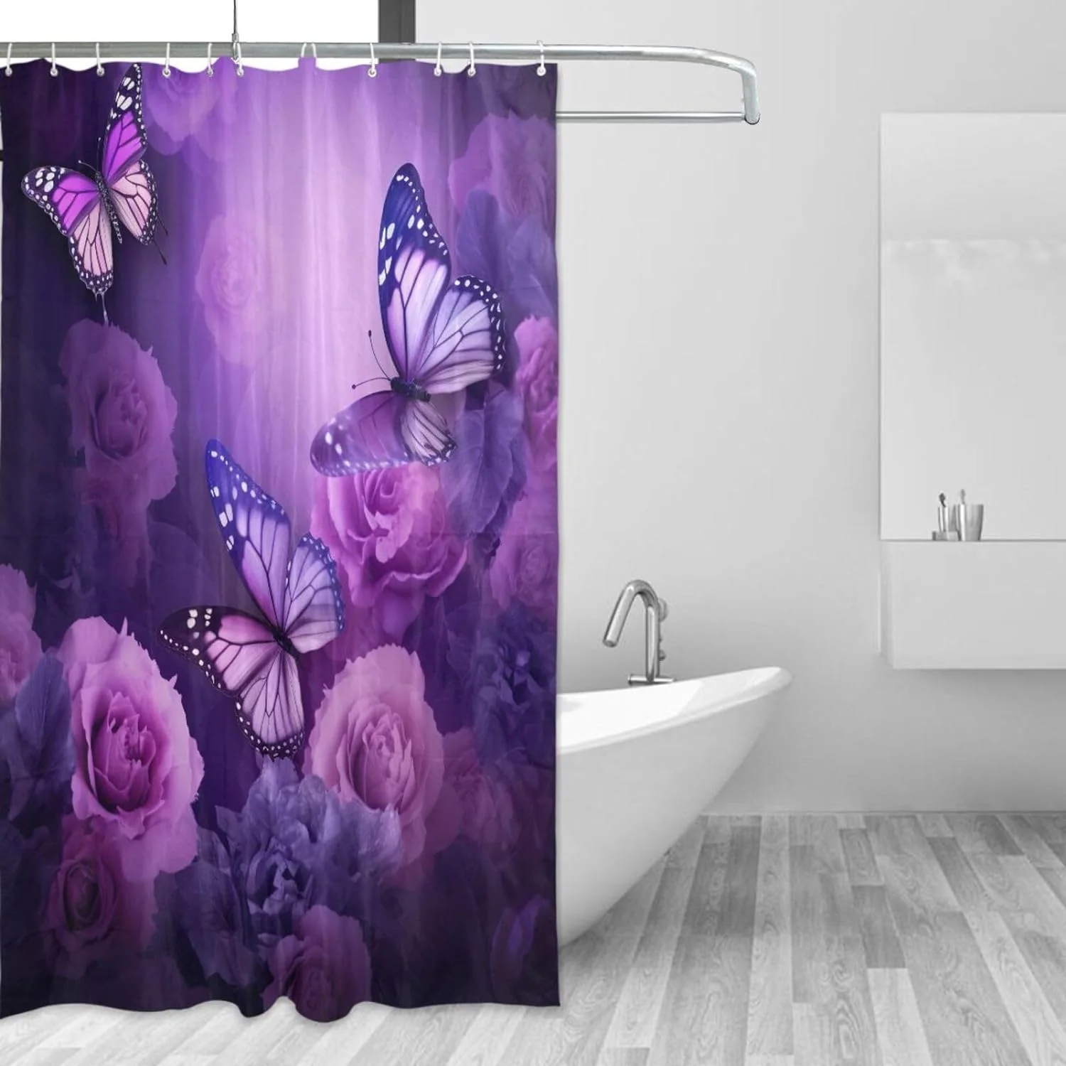 Bestwell Shower Curtain, Purple Flowers and Butterfly Bathroom Decor Waterproof Fabric with Hooks, 60x72 inch