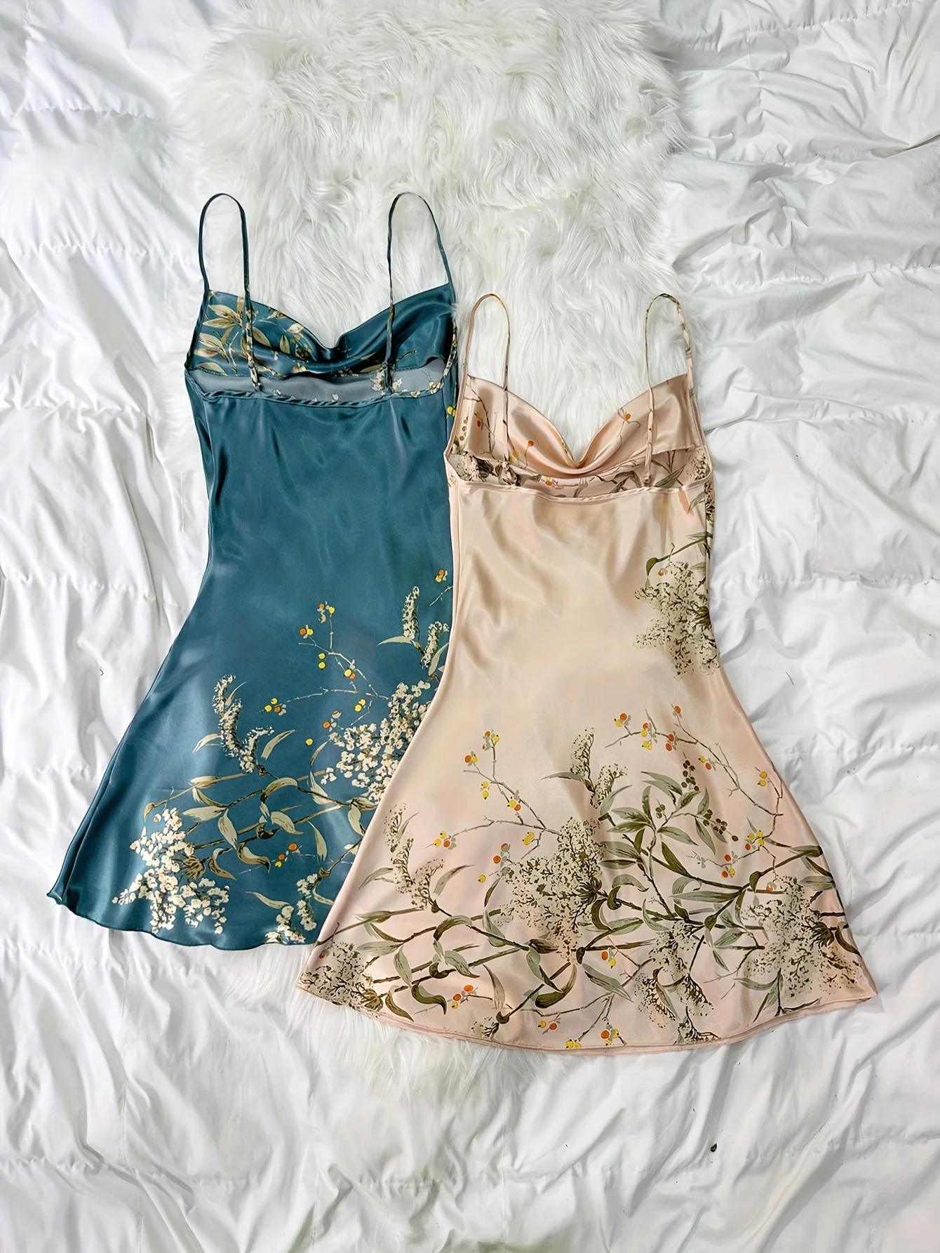 Jkzcp  2-piece Set  Women‘s Satin Cherry Print Slip Nightgown  Fashionable & Sexy  Spaghetti Strap Sleep Dress  Seasonal Loungewear