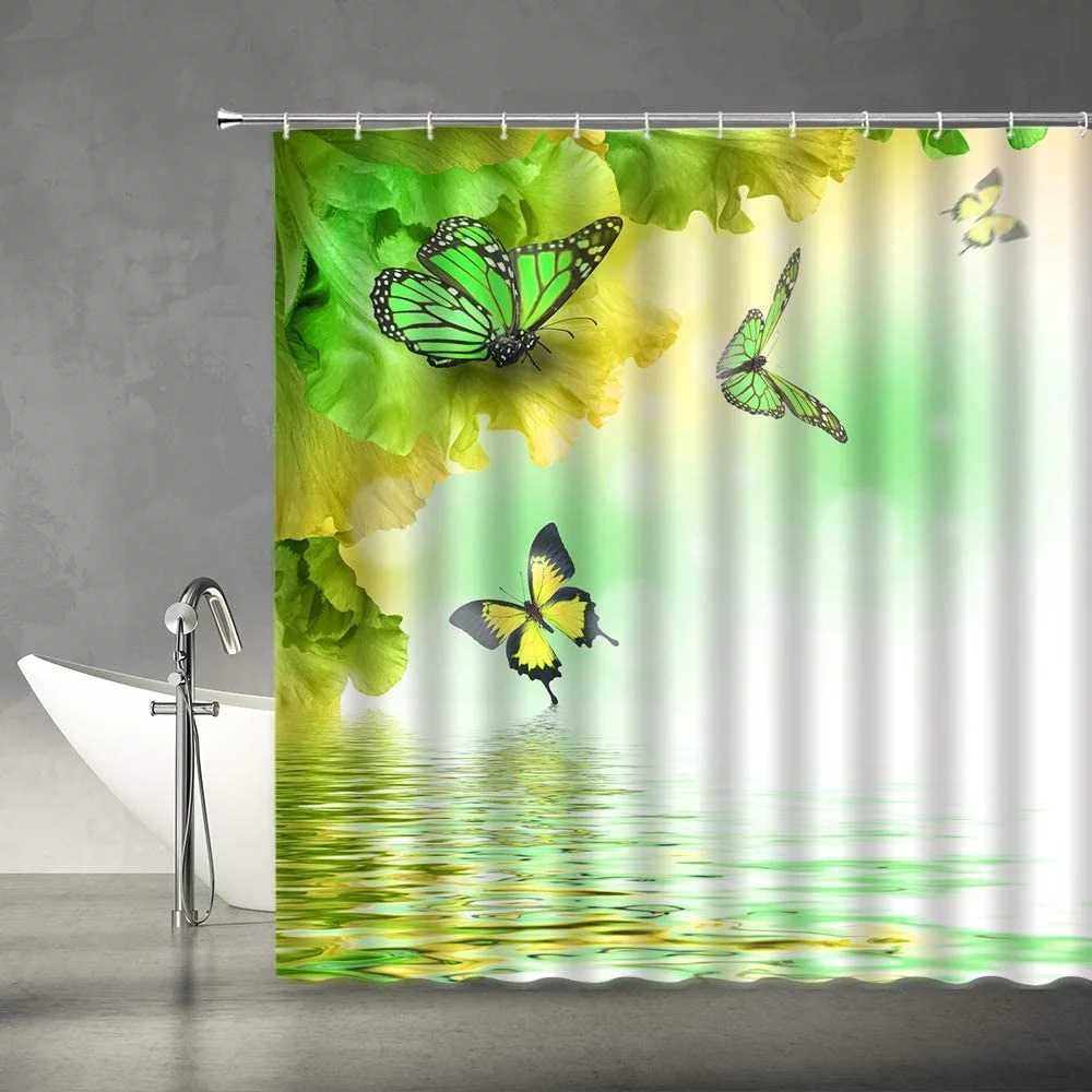 Butterfly Shower Curtain Fantasy Yellow and Green Flower Butterflies Wings Dream Water Ripple Floral Animal Lake Spa Spring Scenery Fabric Bathroom Decor Set with Hooks,Yellow Green(72
