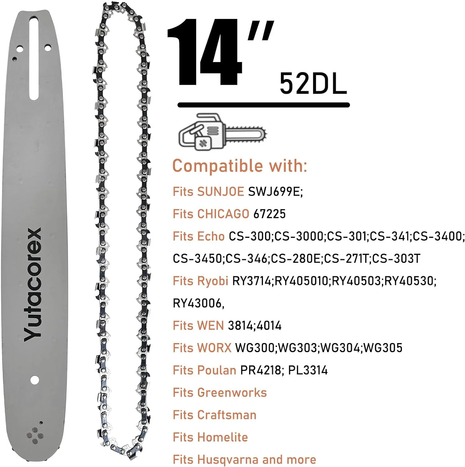 Yutacorex 14inch Chainsaw Guide Bar and Chain Combo,Replacement Accessories Fits SunJoe SWJ599E;SWJ699E;Fits WORX WG305,Fits Greenworks20222,Fits ECHO,Fits Husqvarna,Fits Makita,Fits WEN,3/8,050,52DL