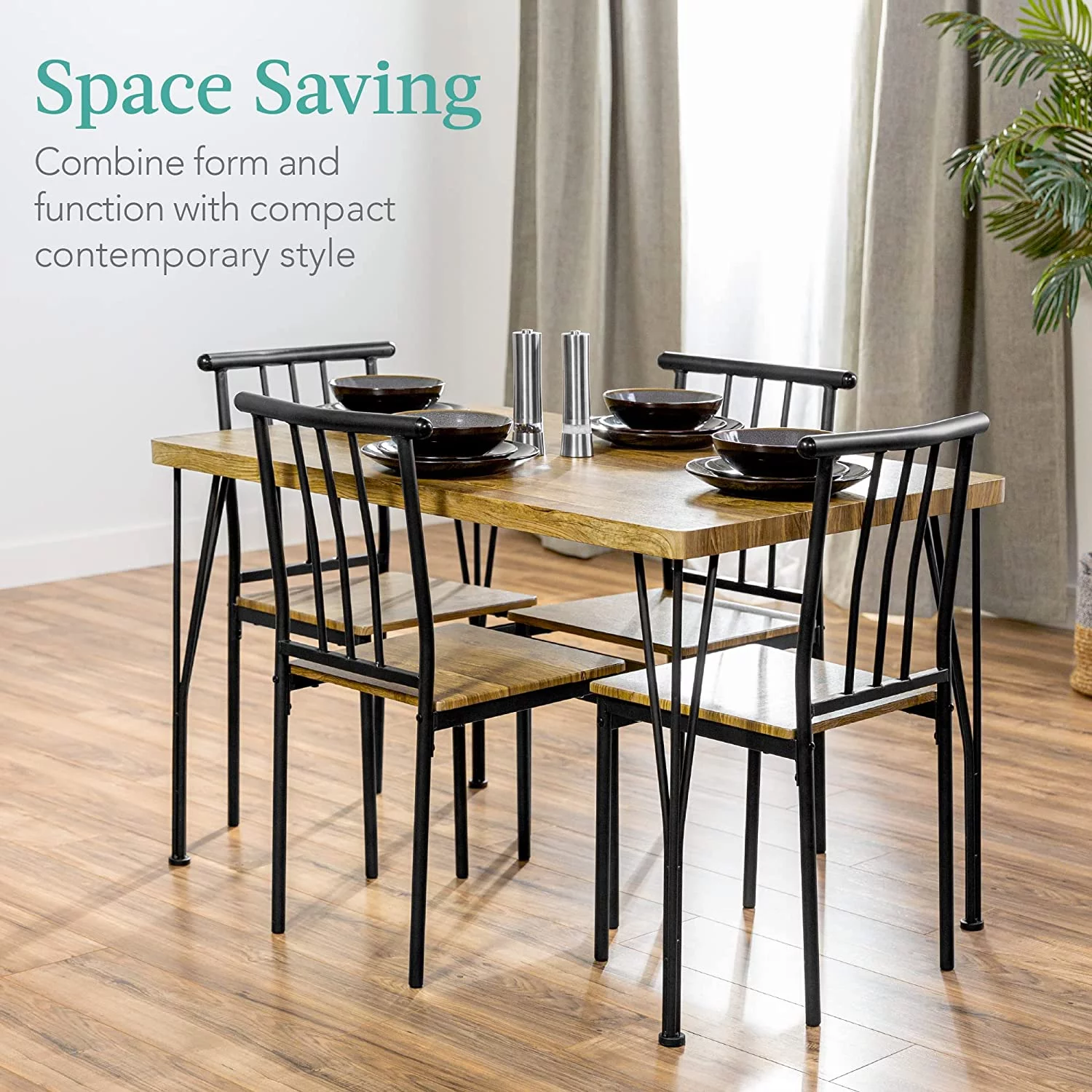5-Piece Metal and Wood Indoor Modern Rectangular Dining Table Furniture Set for Kitchen, Dining Room, Dinette, Breakfast Nook w/ 4 Chairs - Brown