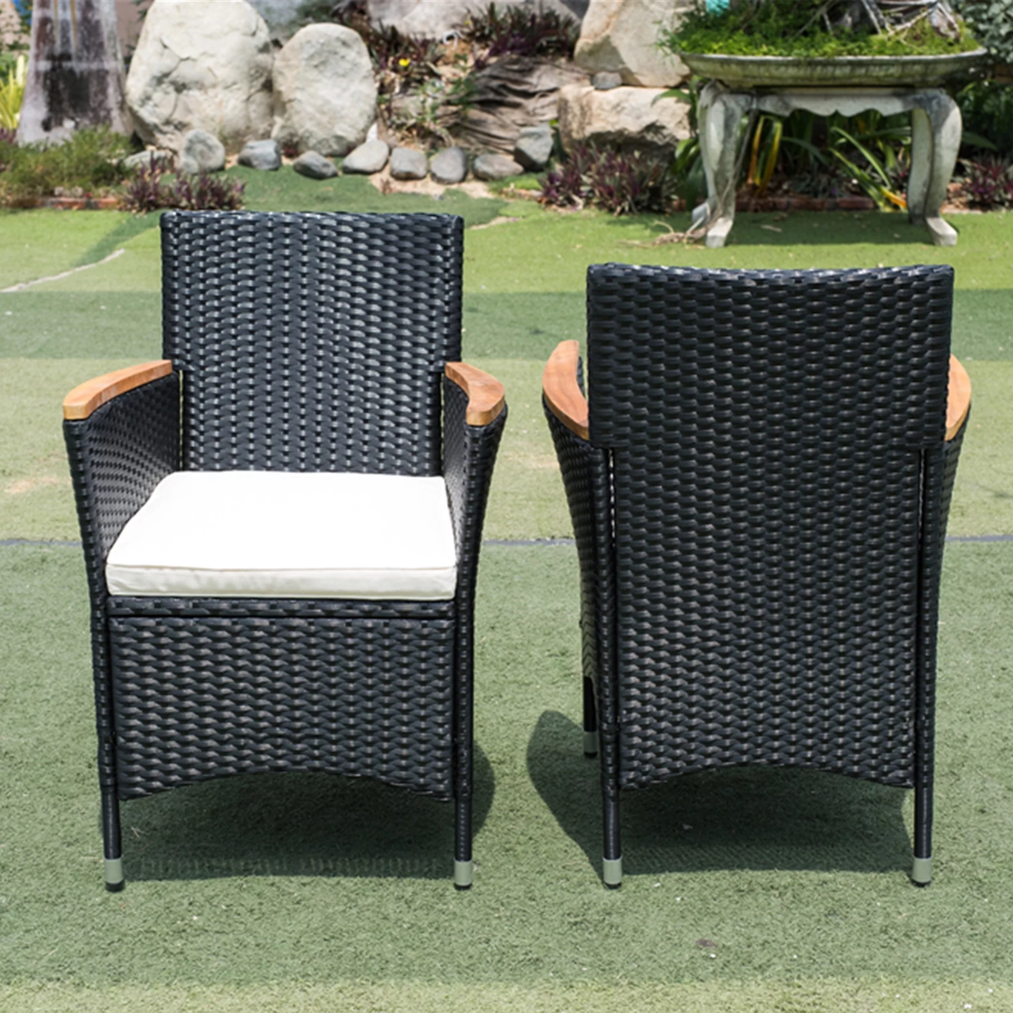 Dcenta 7 PCS Patio Rattan Dining Set Patio Wicker Dining Set wAcacia Wood Wicker Dining Table and Chairs Set