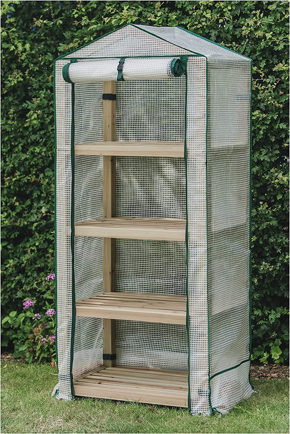 Premium 4-Wooden-Tier Greenhouse R08898 with Reinforced polyethylene Cover. Dimensions: 19