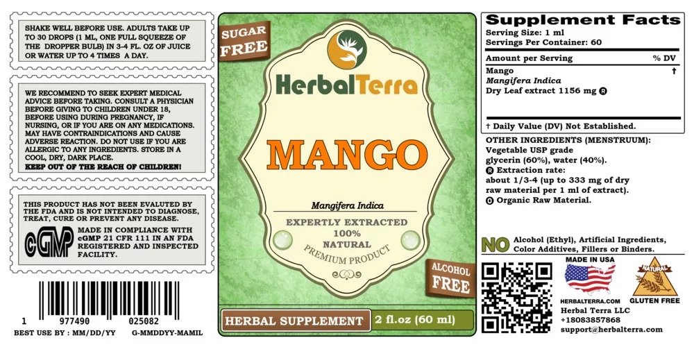 Mango Dry Leaf KETO Friendly Alcohol-Free Absolutely Natural Expertly Extracted by Trusted HerbalTerra Brand Liquid Extract. Proudly made in USA. Glycerite 2 Fl.Oz