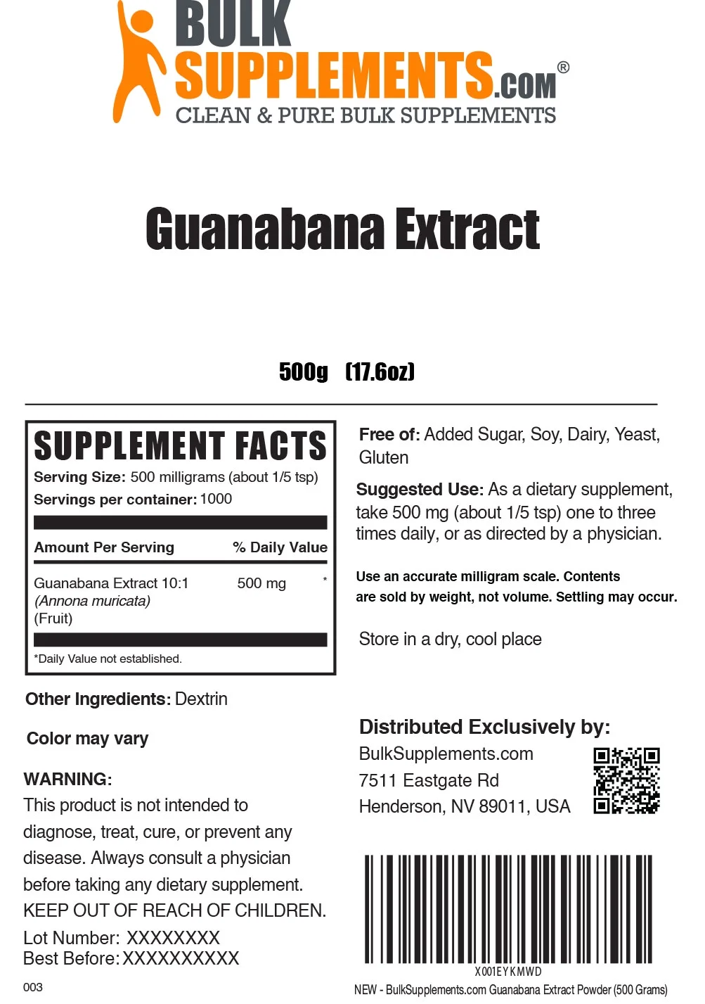 BulkSupplements.com Guanabana (Soursop) Extract Powder 500mg - Fruit Powder (500 Grams)