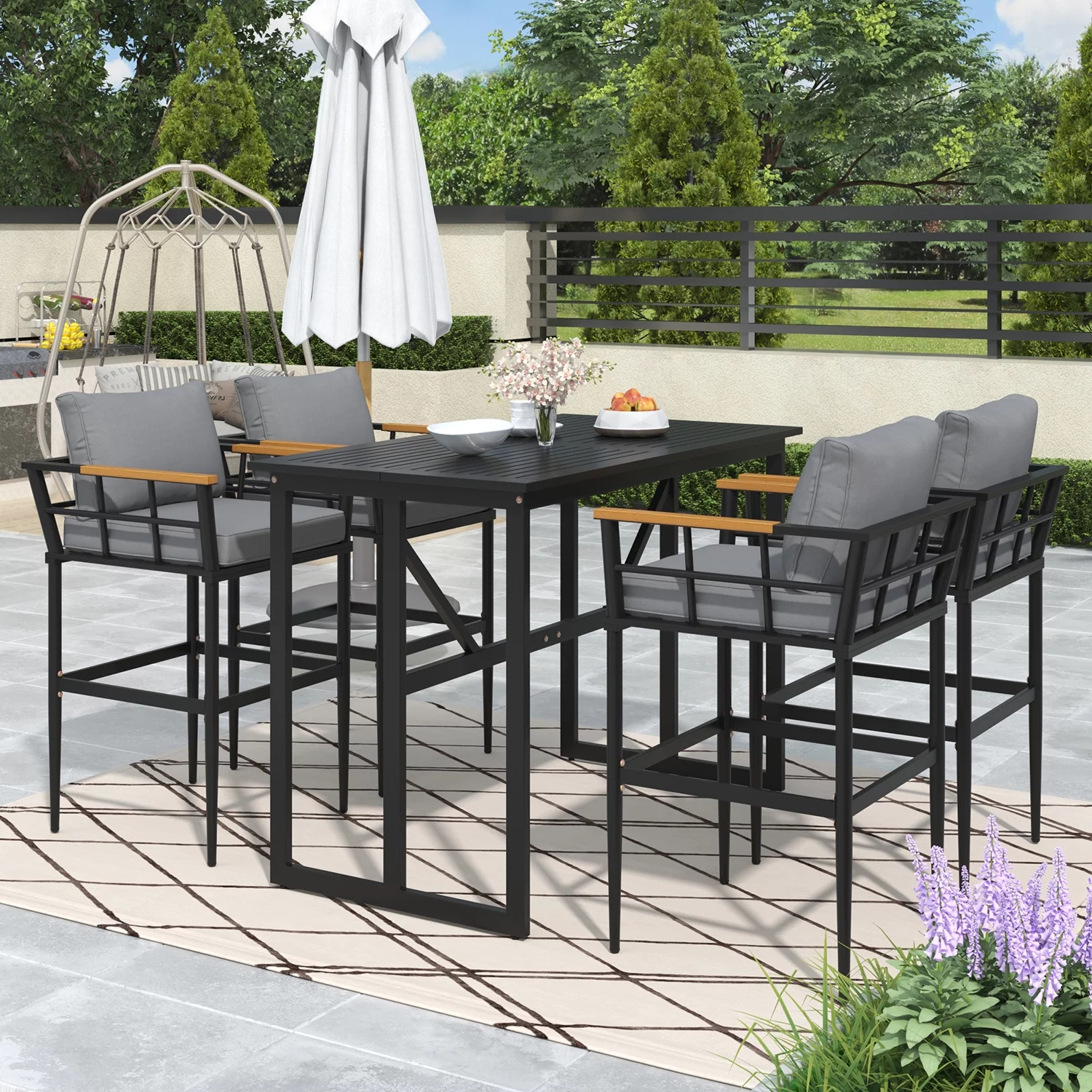 Churanty Steel Outdoor Dining Set Bar Height Chairs with wood Armrest and Metal Frame Table for Patio Balcony Backyard