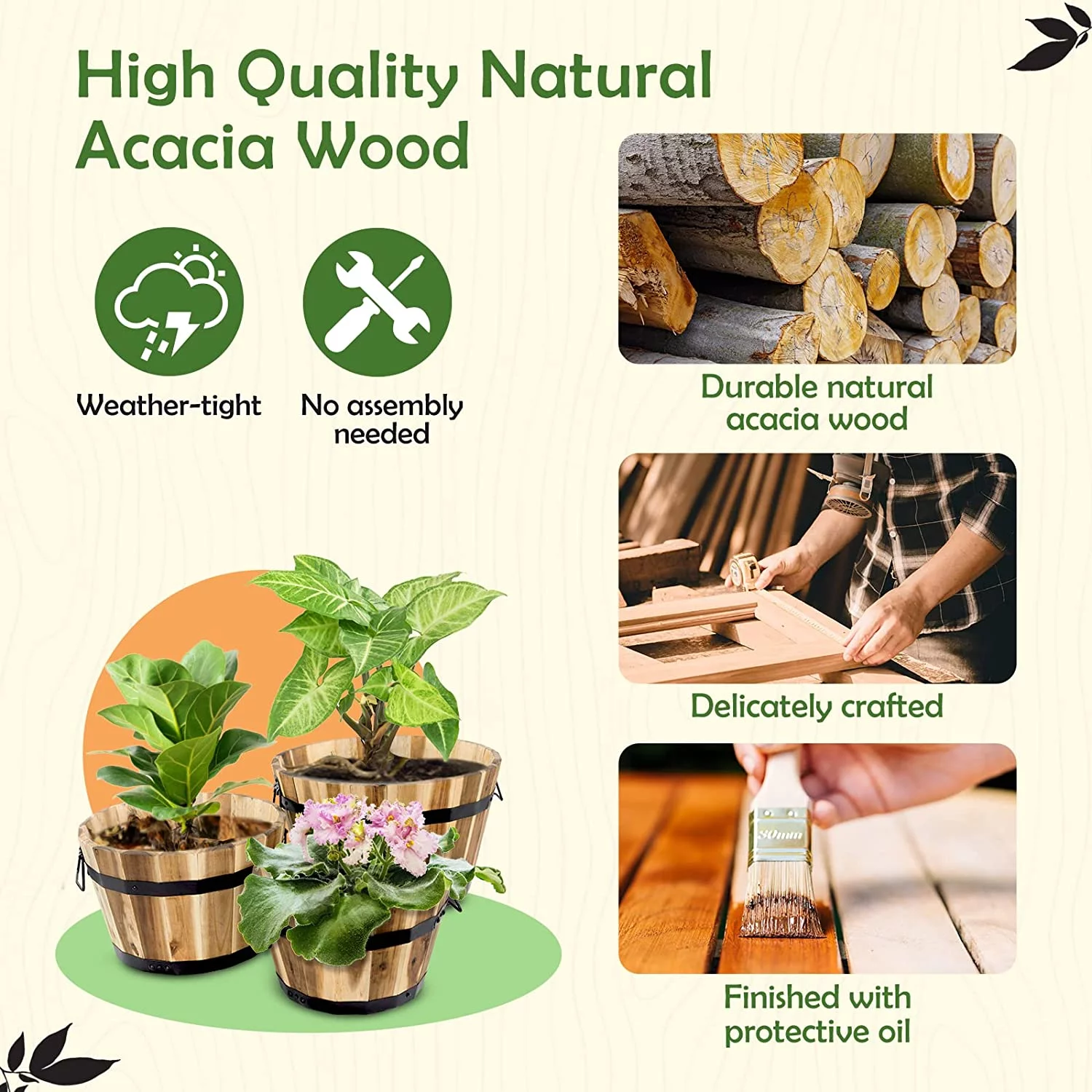 Idzo Set of 3 Wooden Barrel Planters Outdoor, Durable Acacia Wood Flower Boxes for Outdoor Plants with E