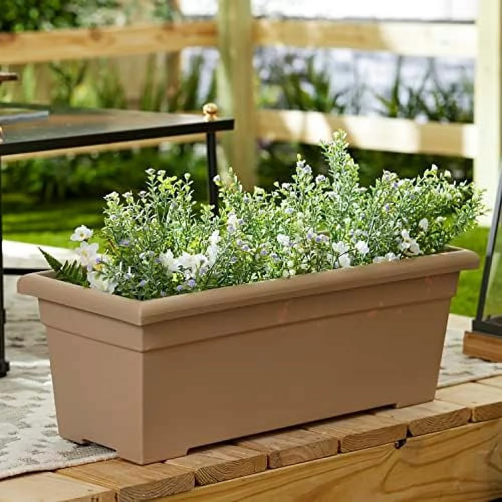 28 Inch Romana Large Rectangular Planter Box - Lightweight Plastic Outdoor Plant With Drainage For Decks, Patio, Pool, Sandstone